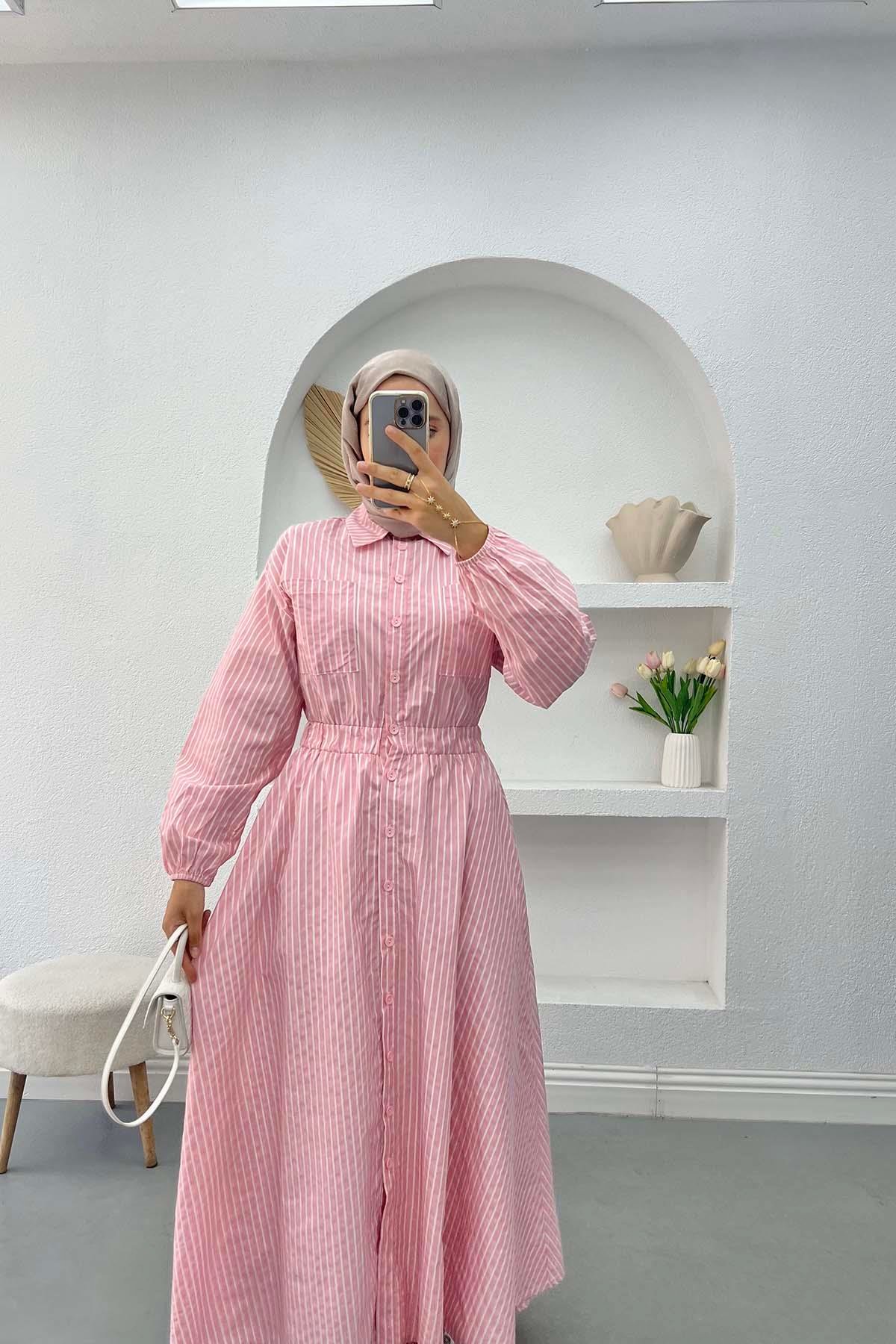 Çizgili Beymen Elbise Pembe