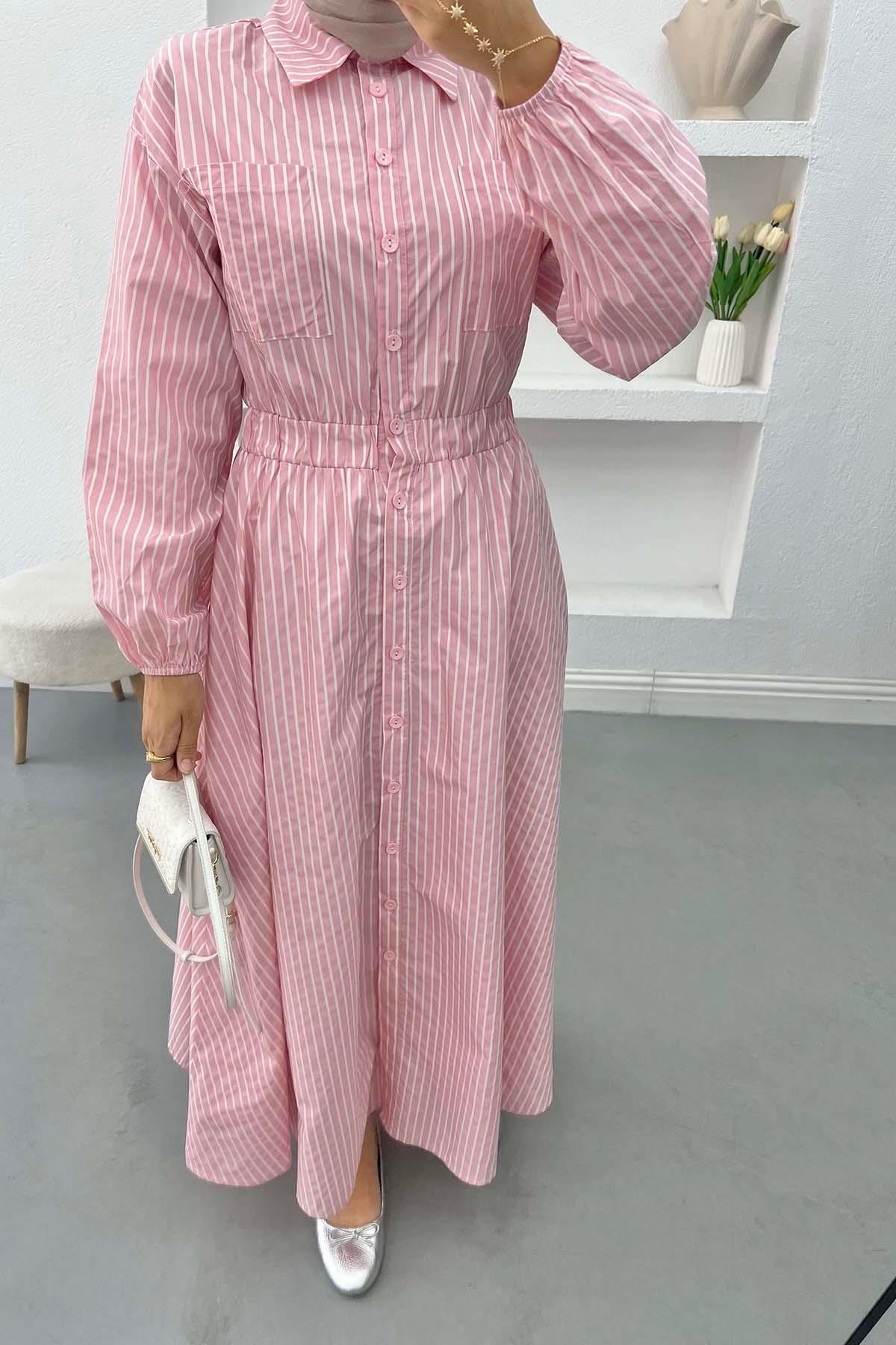 Çizgili Beymen Elbise Pembe