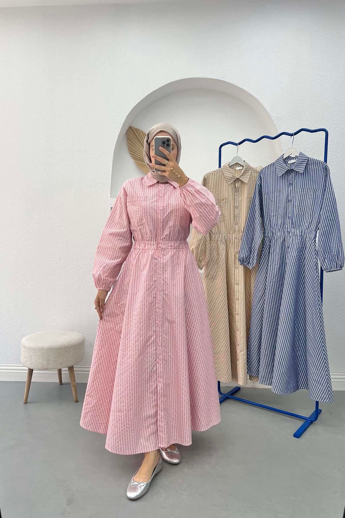 Çizgili Beymen Elbise Pembe