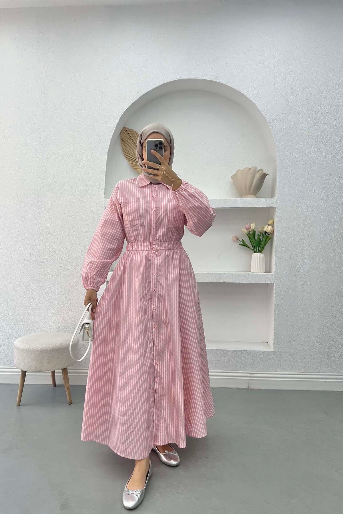 Çizgili Beymen Elbise Pembe