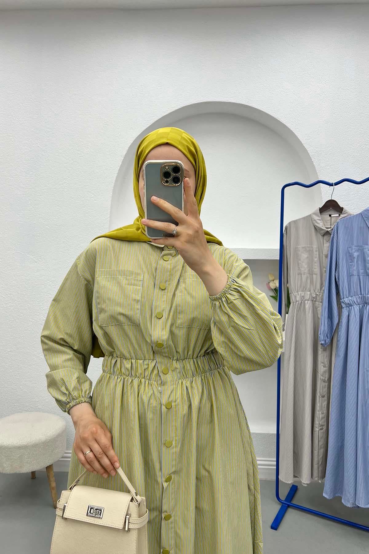 Çizgili Beymen Elbise Yeşil