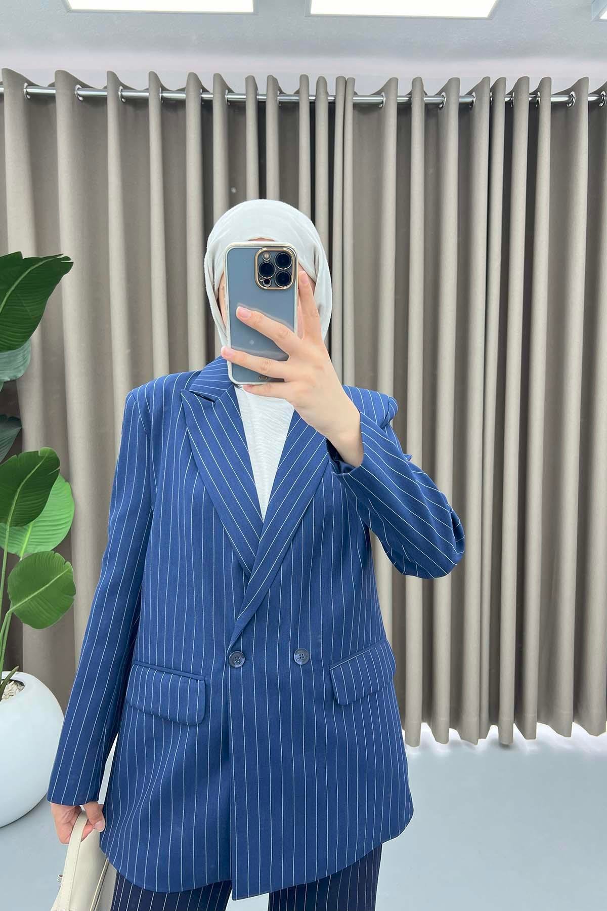 Çizgili Blazer Ceket İndigo