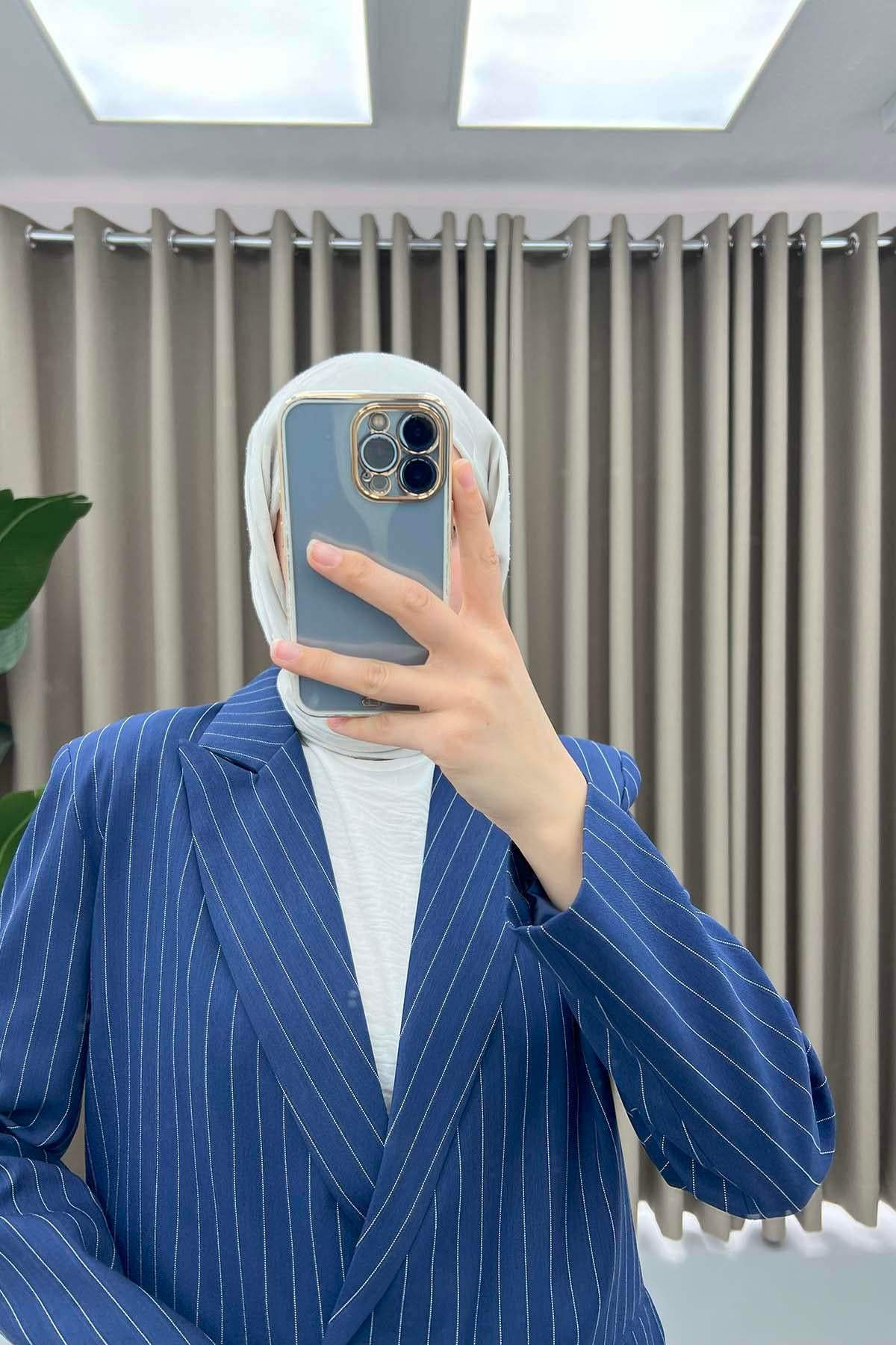 Çizgili Blazer Ceket İndigo