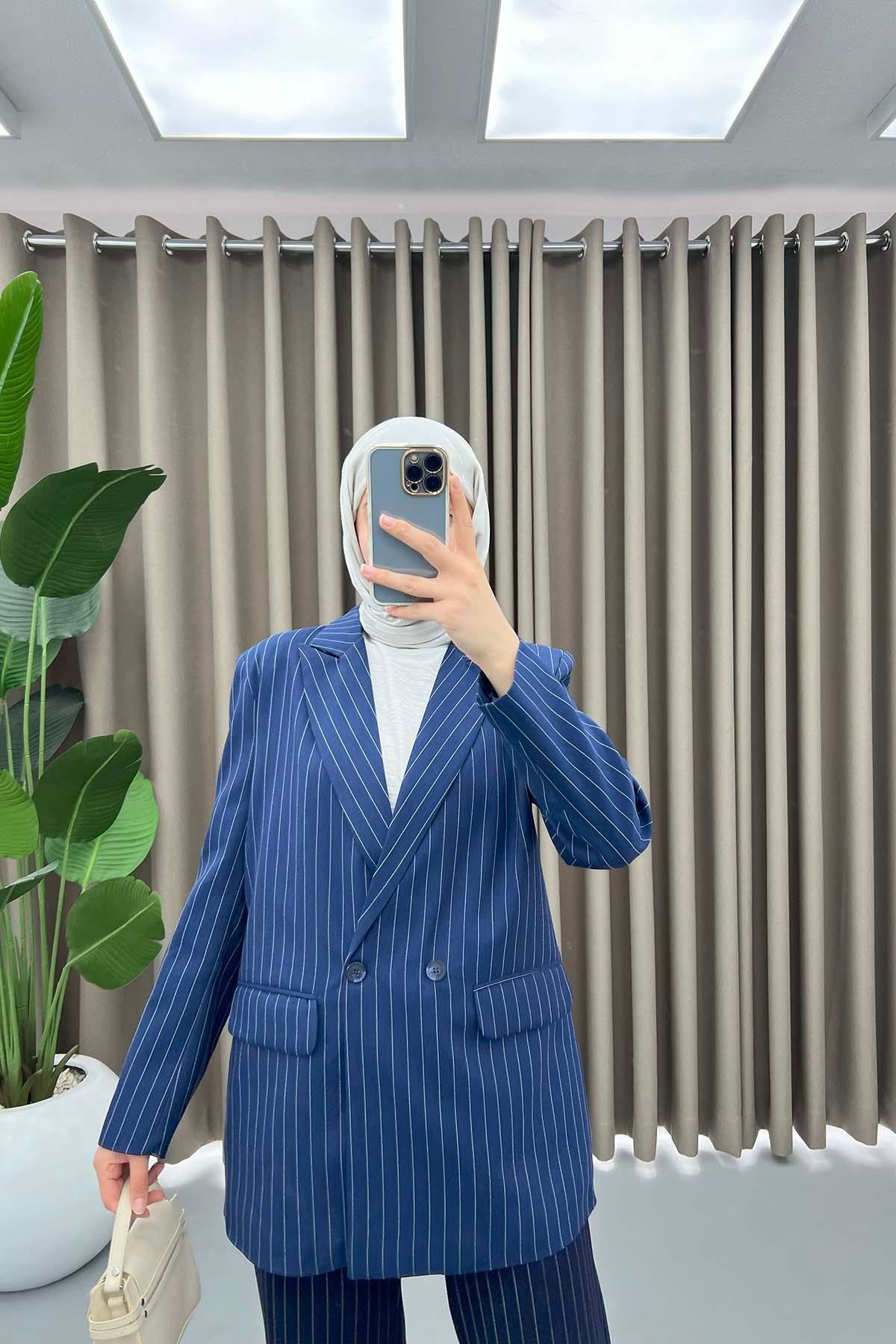 Çizgili Blazer Ceket İndigo