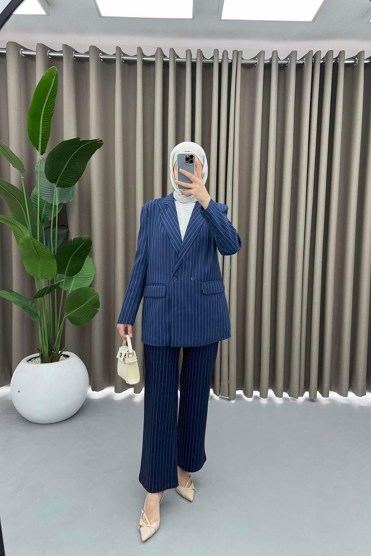 Çizgili Blazer Ceket İndigo