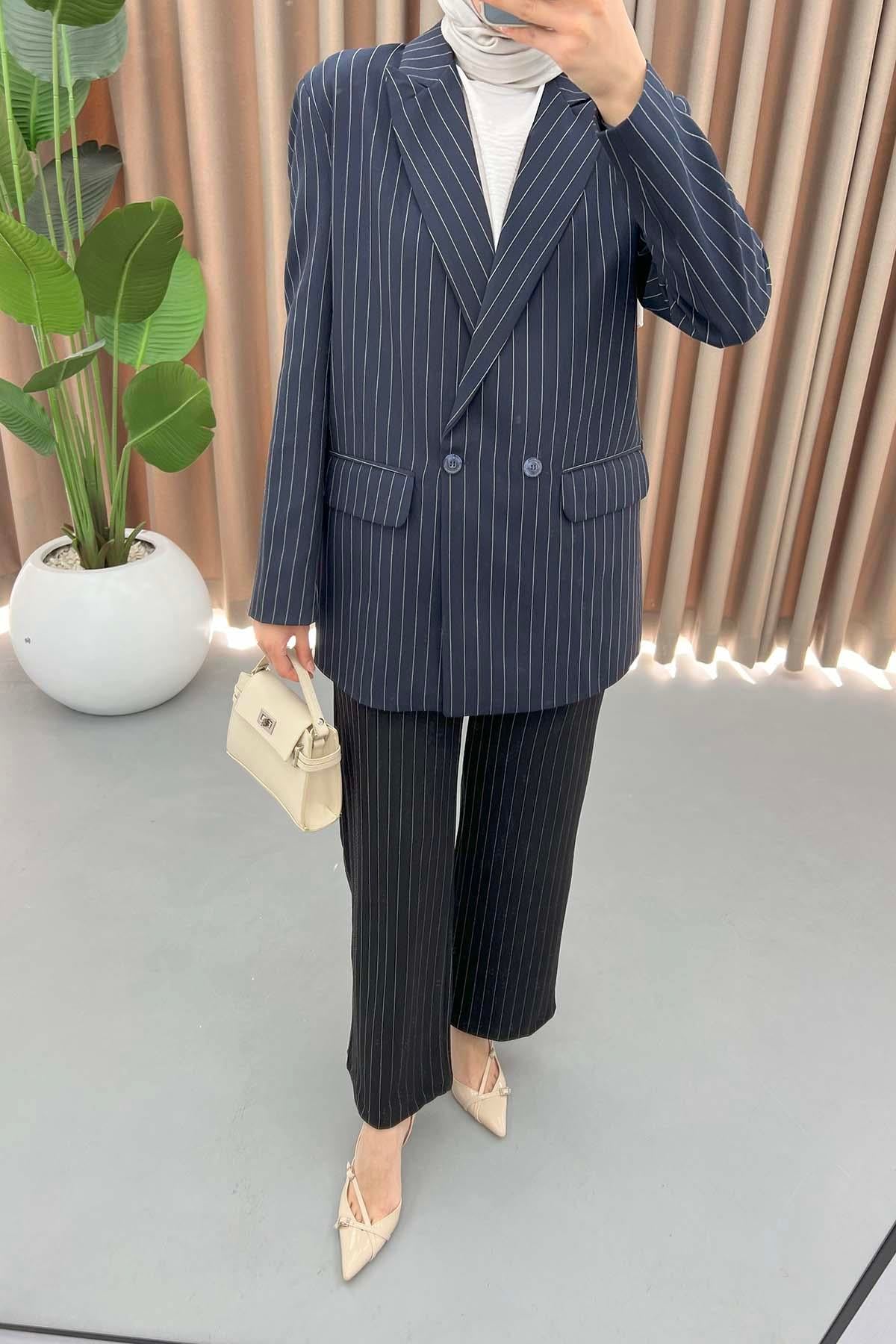 Çizgili Blazer Ceket Lacivert
