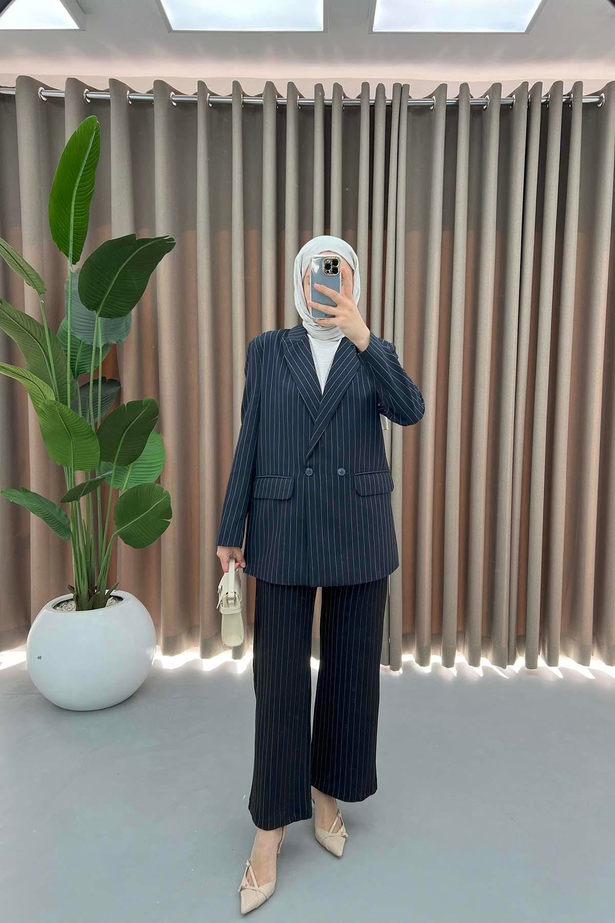 Çizgili Blazer Ceket Lacivert