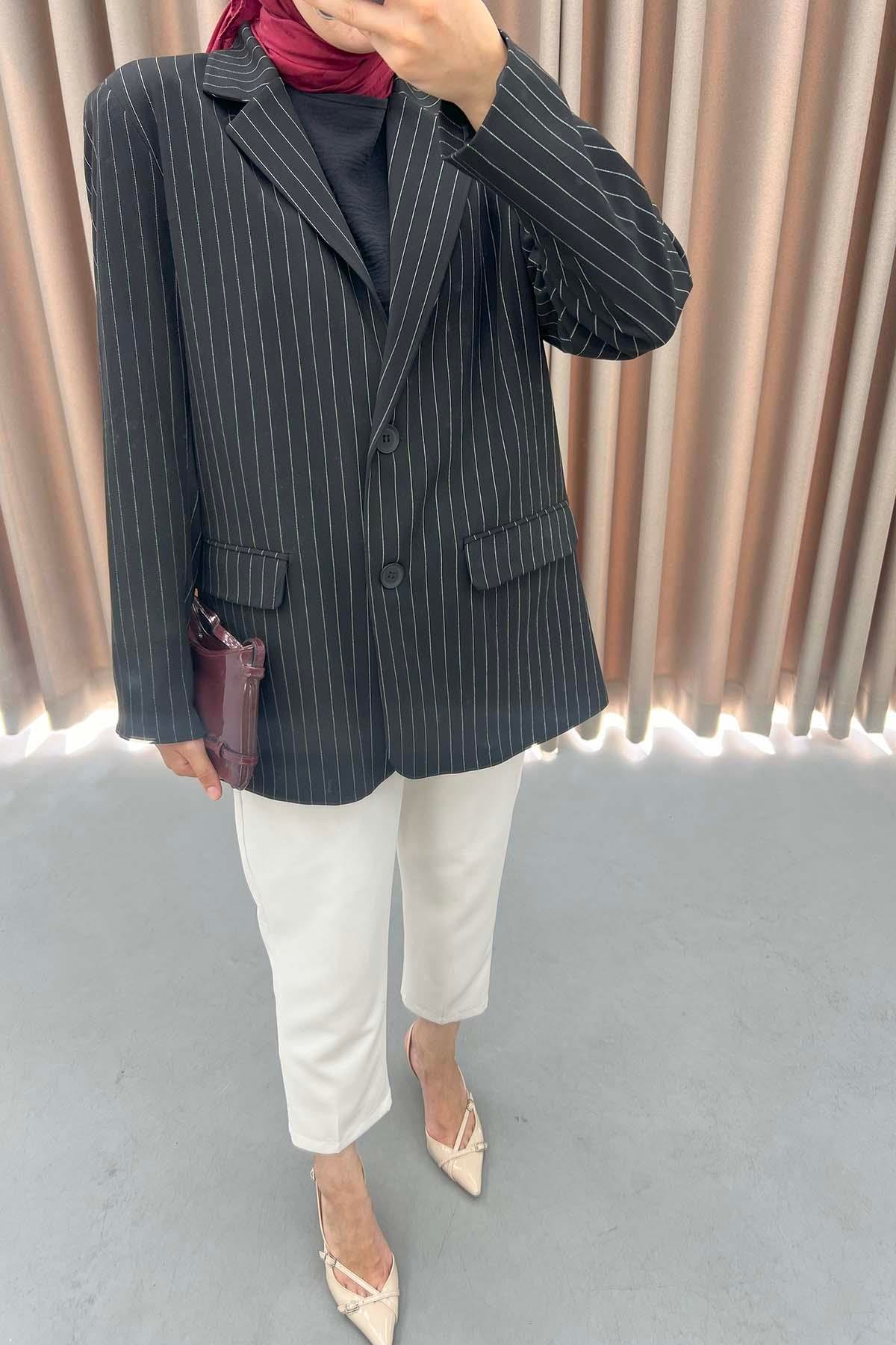 Çizgili Blazer Ceket Siyah