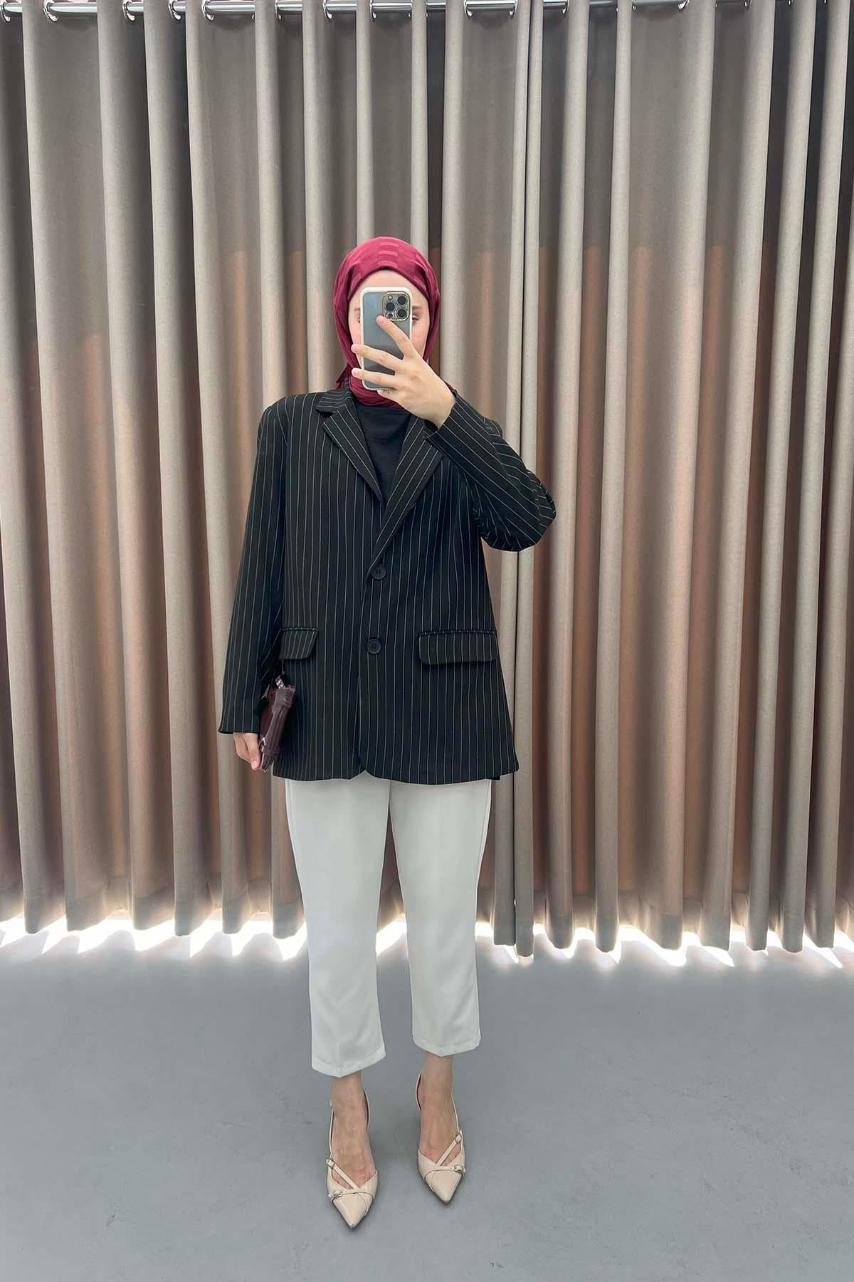 Çizgili Blazer Ceket Siyah