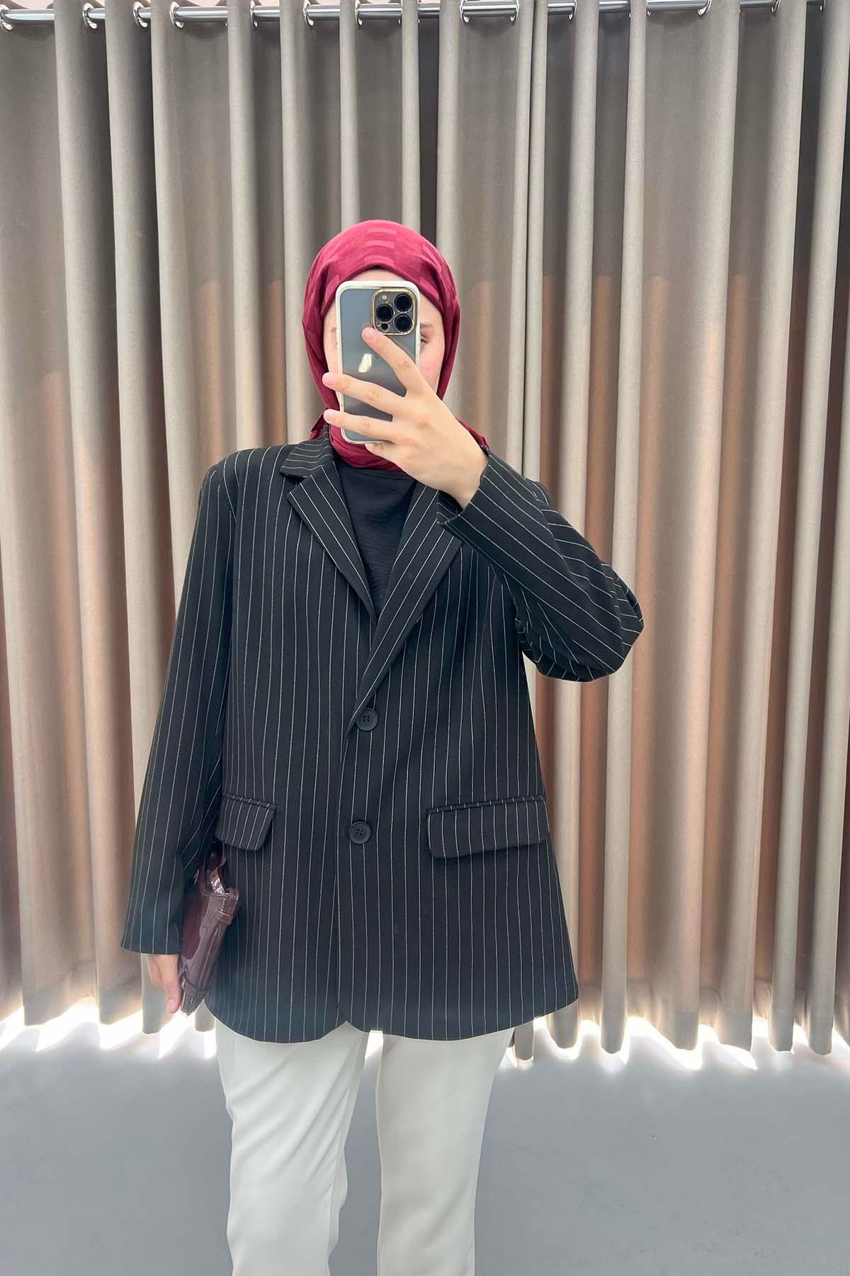 Çizgili Blazer Ceket Siyah