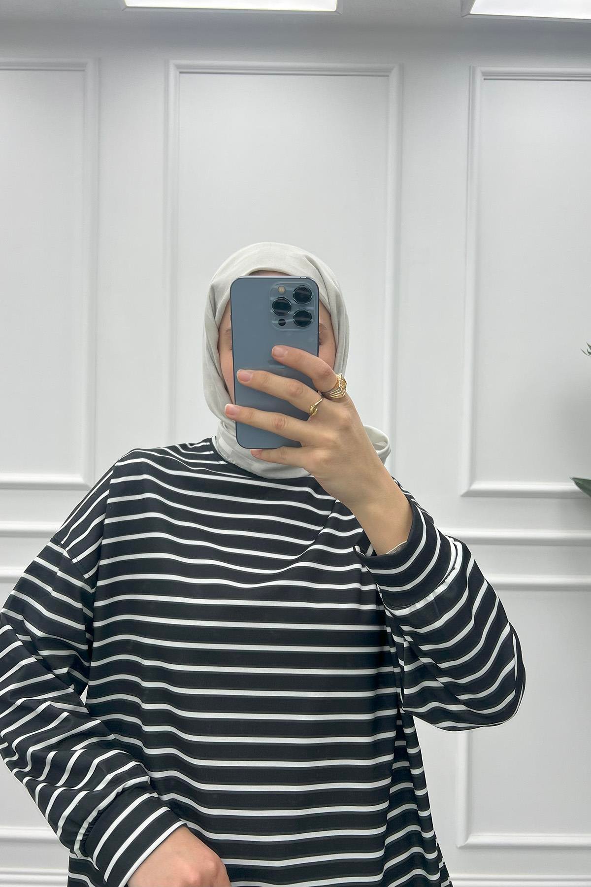 Çizgili Bluz Siyah