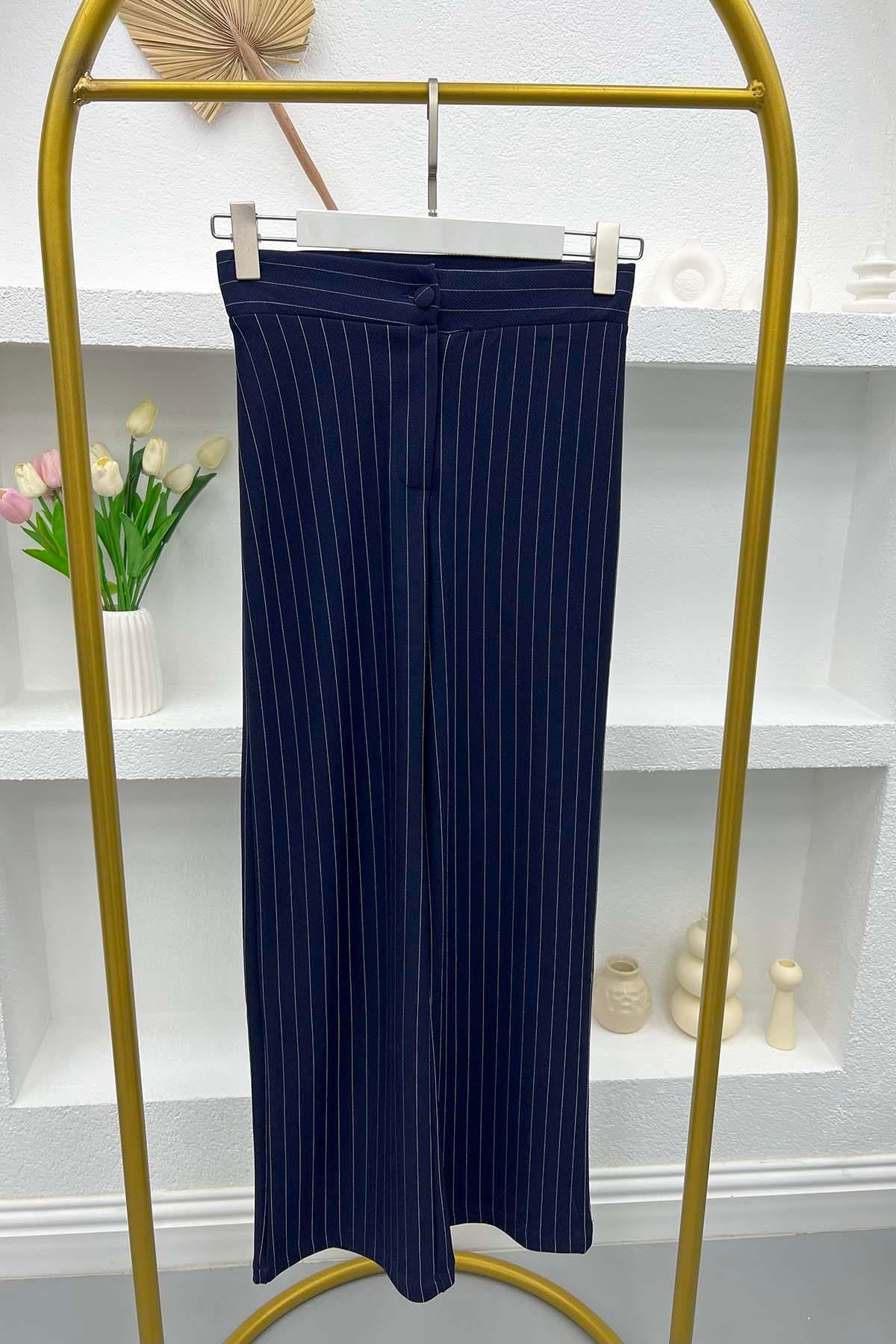 Çizgili Bol Paça Pantolon Lacivert