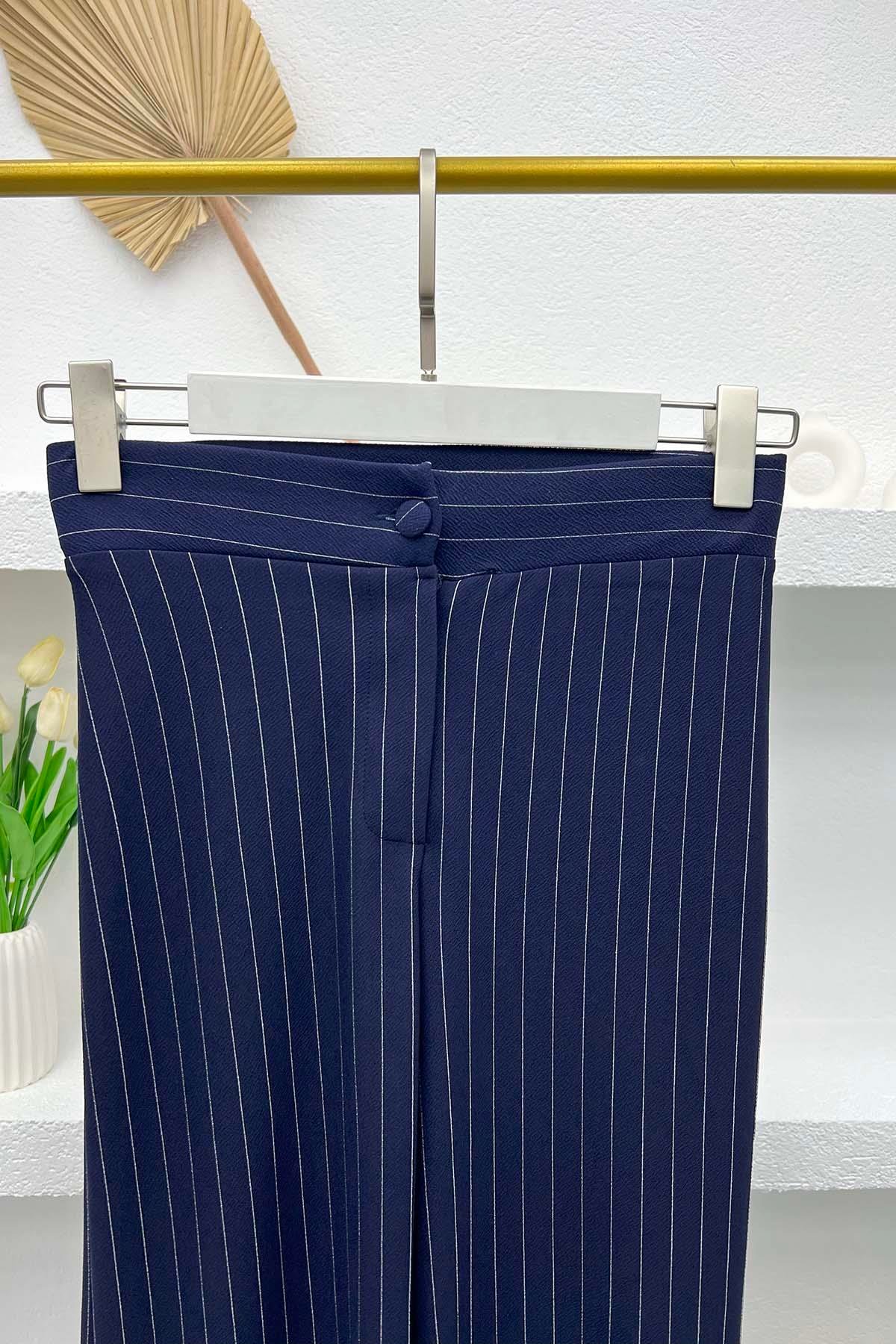 Çizgili Bol Paça Pantolon Lacivert