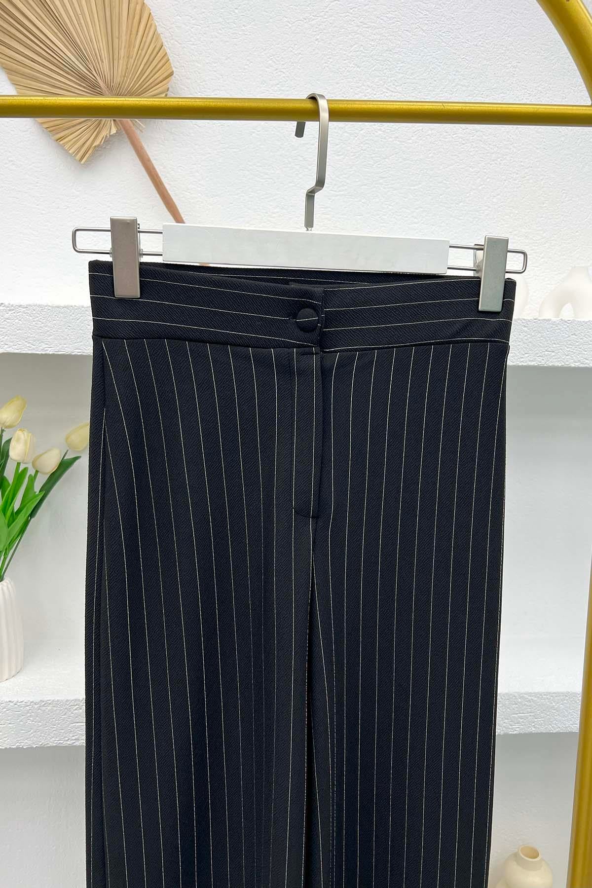 Çizgili Bol Paça Pantolon Siyah