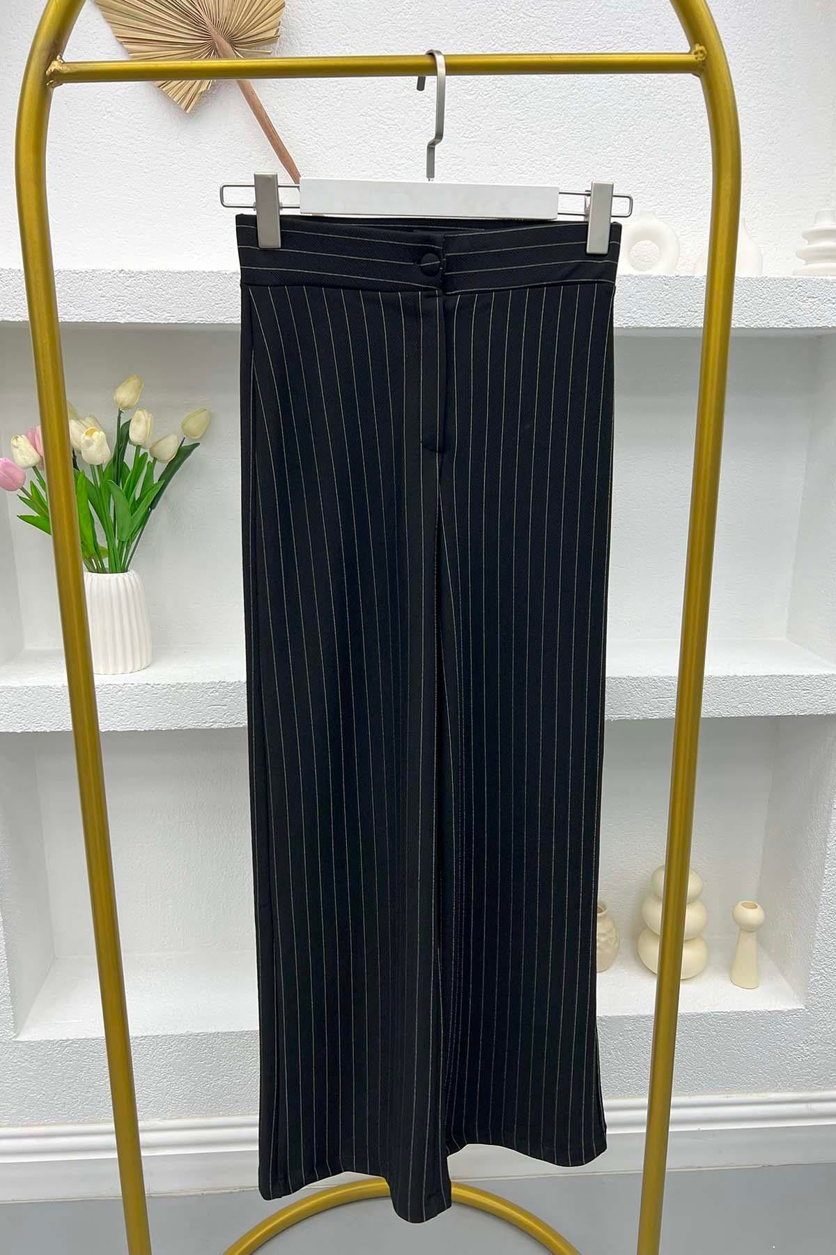 Çizgili Bol Paça Pantolon Siyah