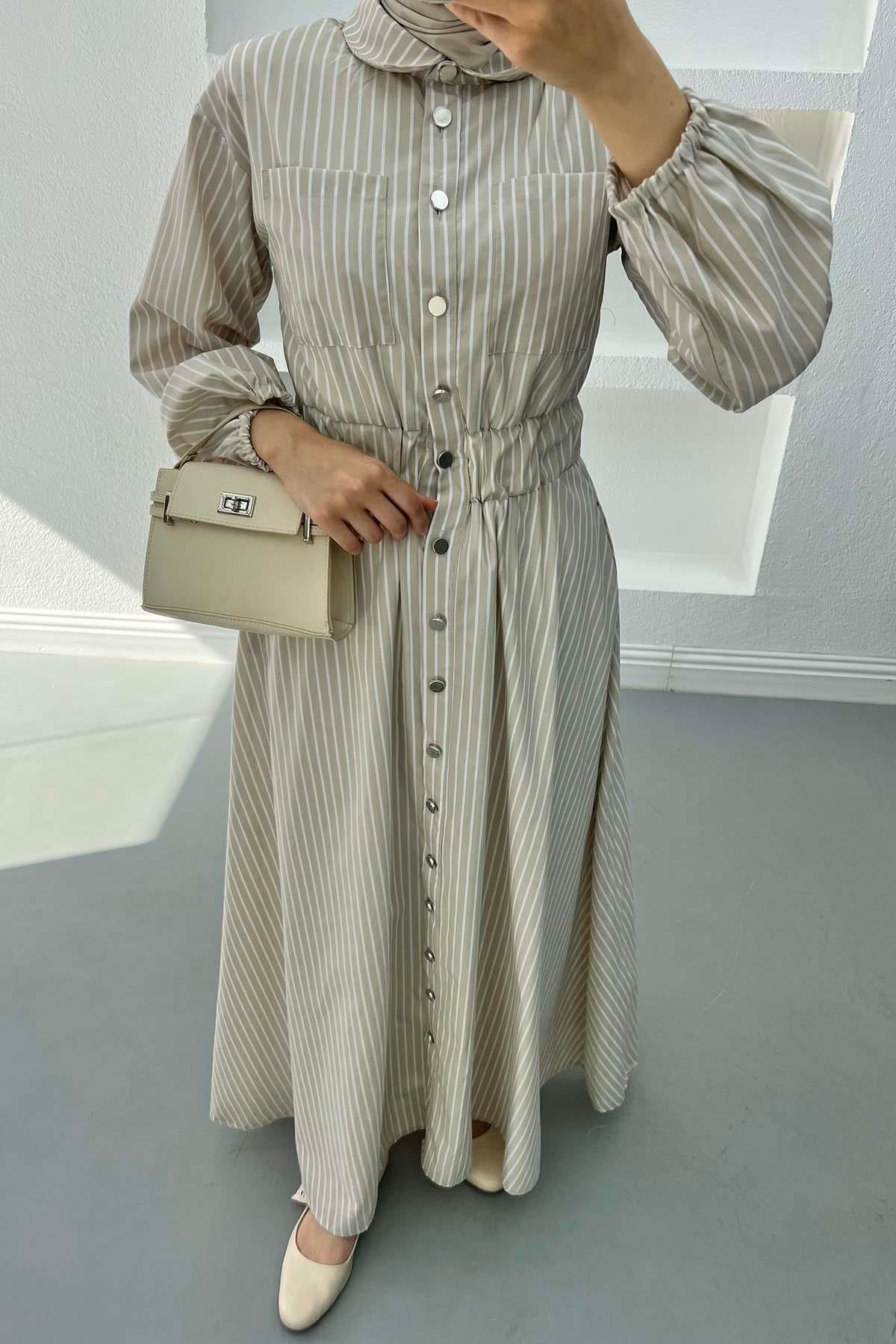 Çizgili Bymen Elbise Bej