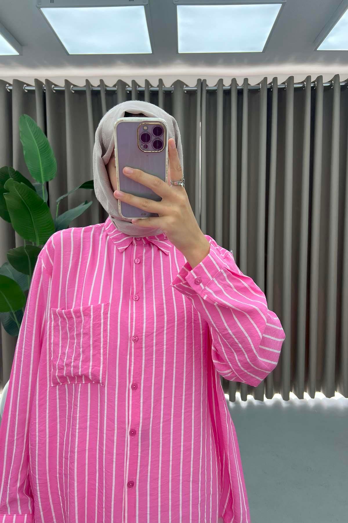 Çizgili Cepli Gömlek Pembe