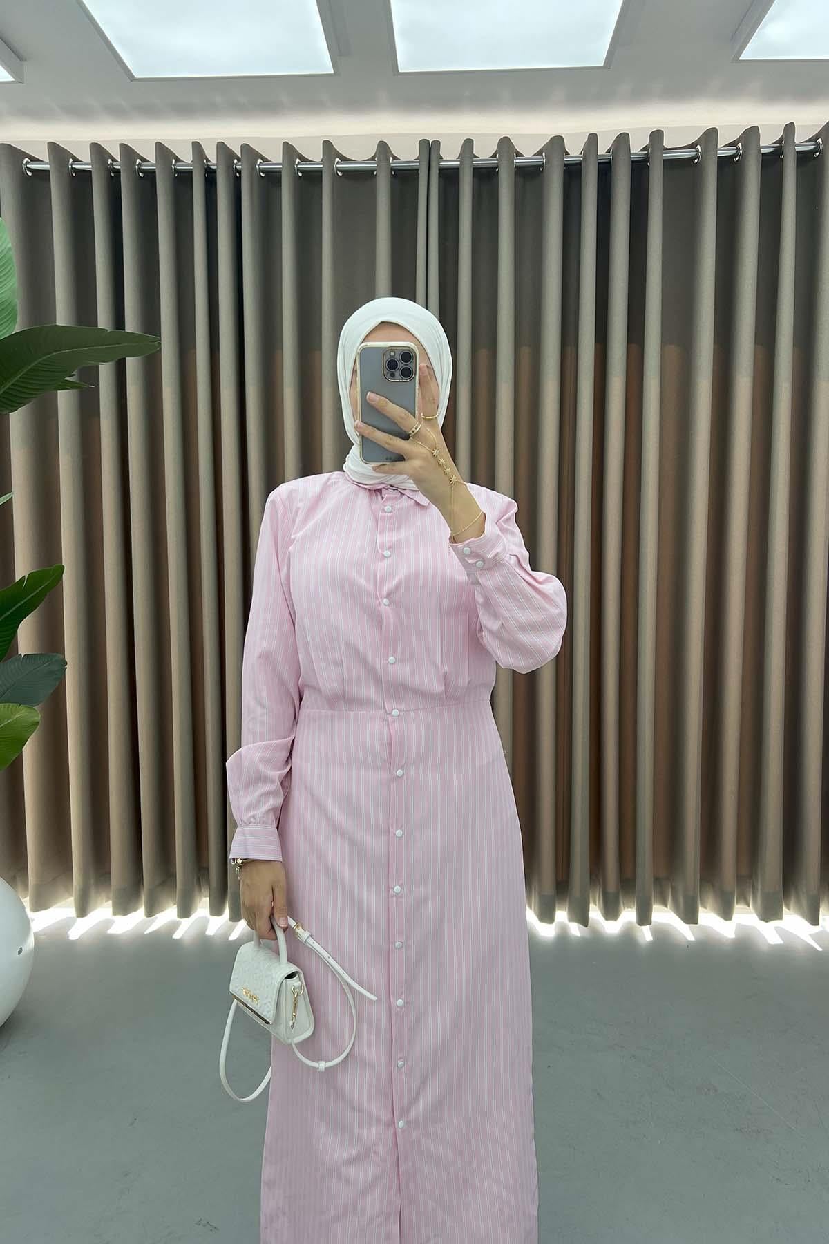 Çizgili Çıtçıtlı Elbise Pembe