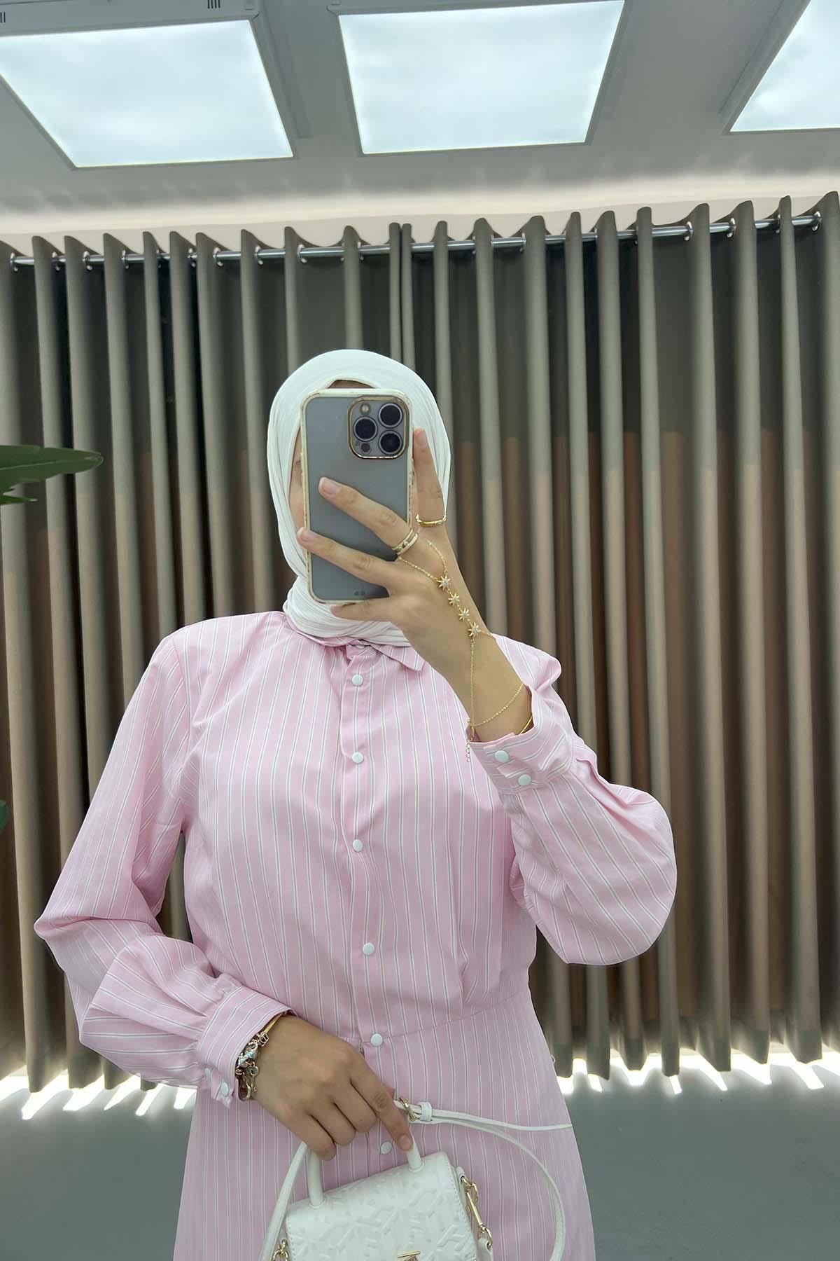 Çizgili Çıtçıtlı Elbise Pembe