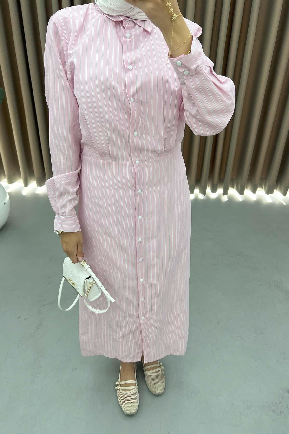 Çizgili Çıtçıtlı Elbise Pembe