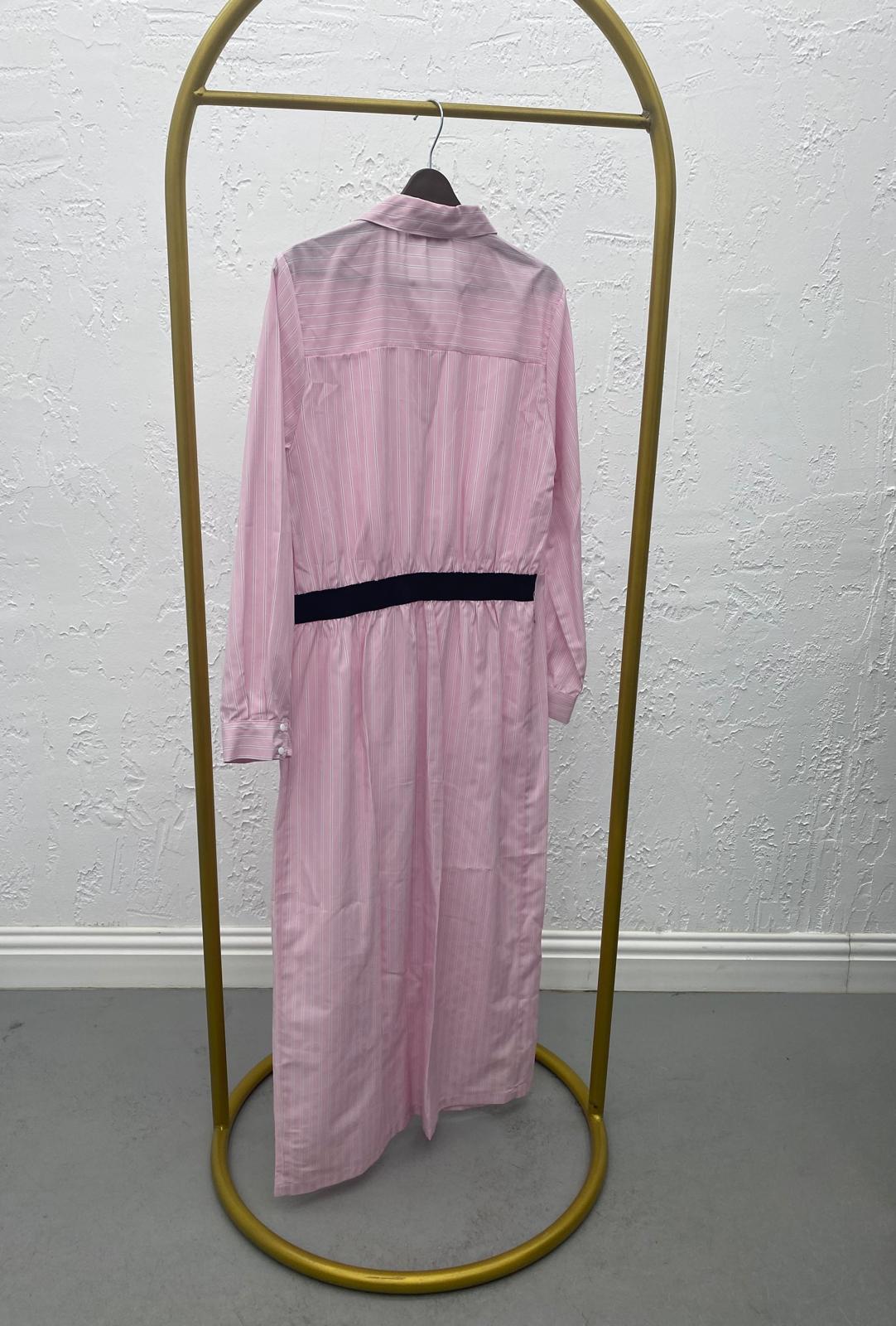 Çizgili Çıtçıtlı Elbise Pembe