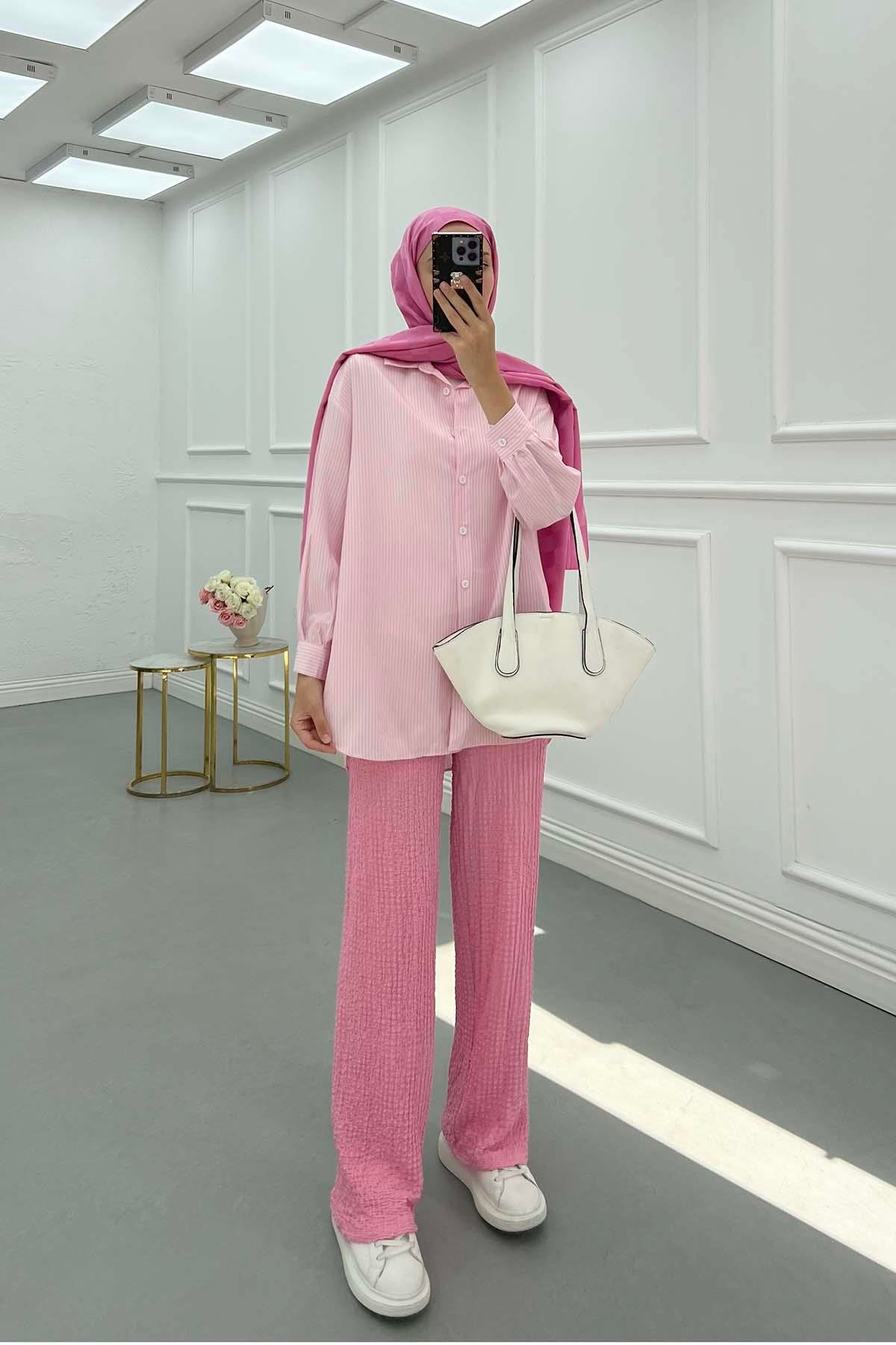 Çizgili Desen Gömlek Pembe