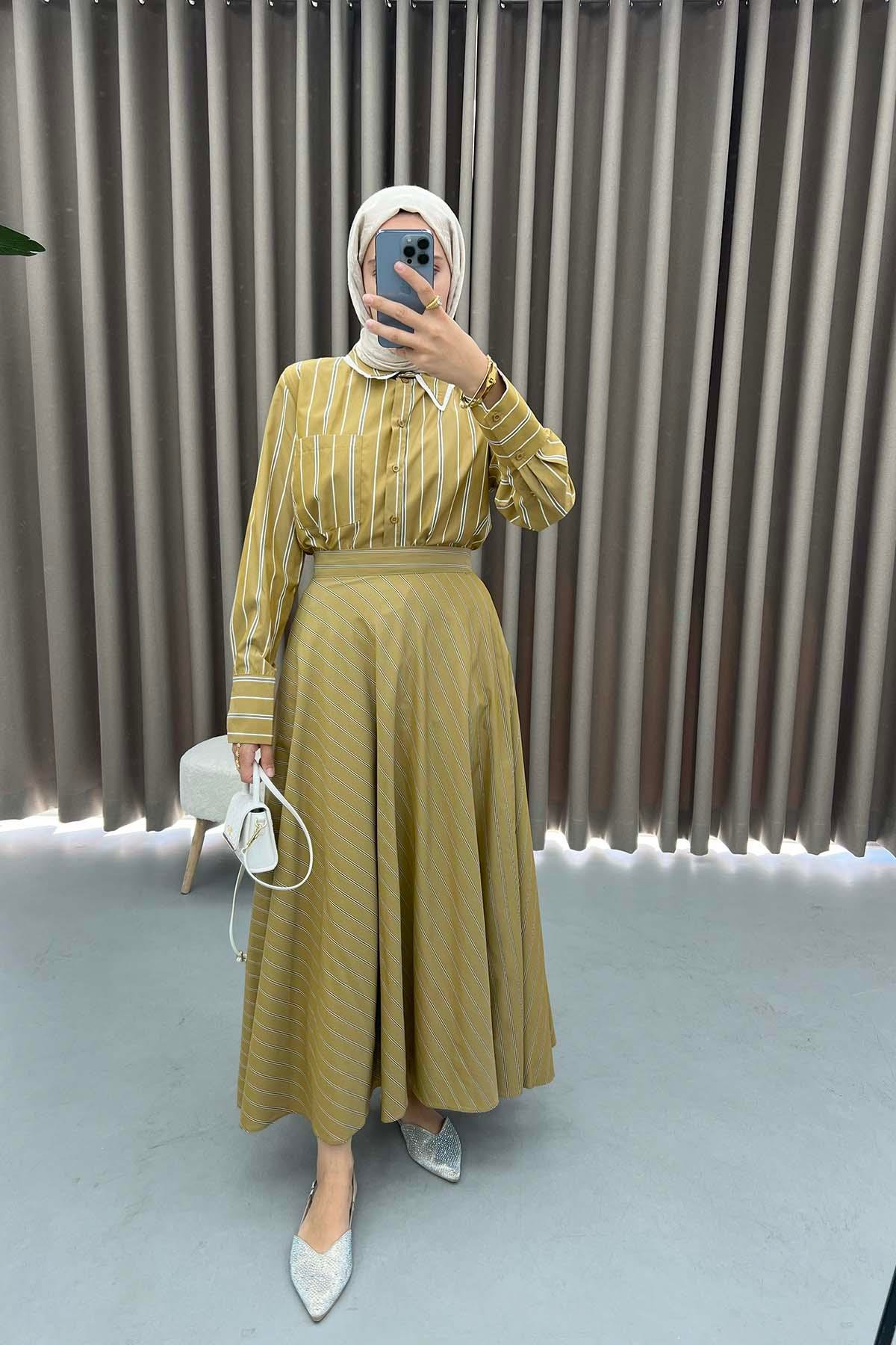 Çizgili Etek Camel