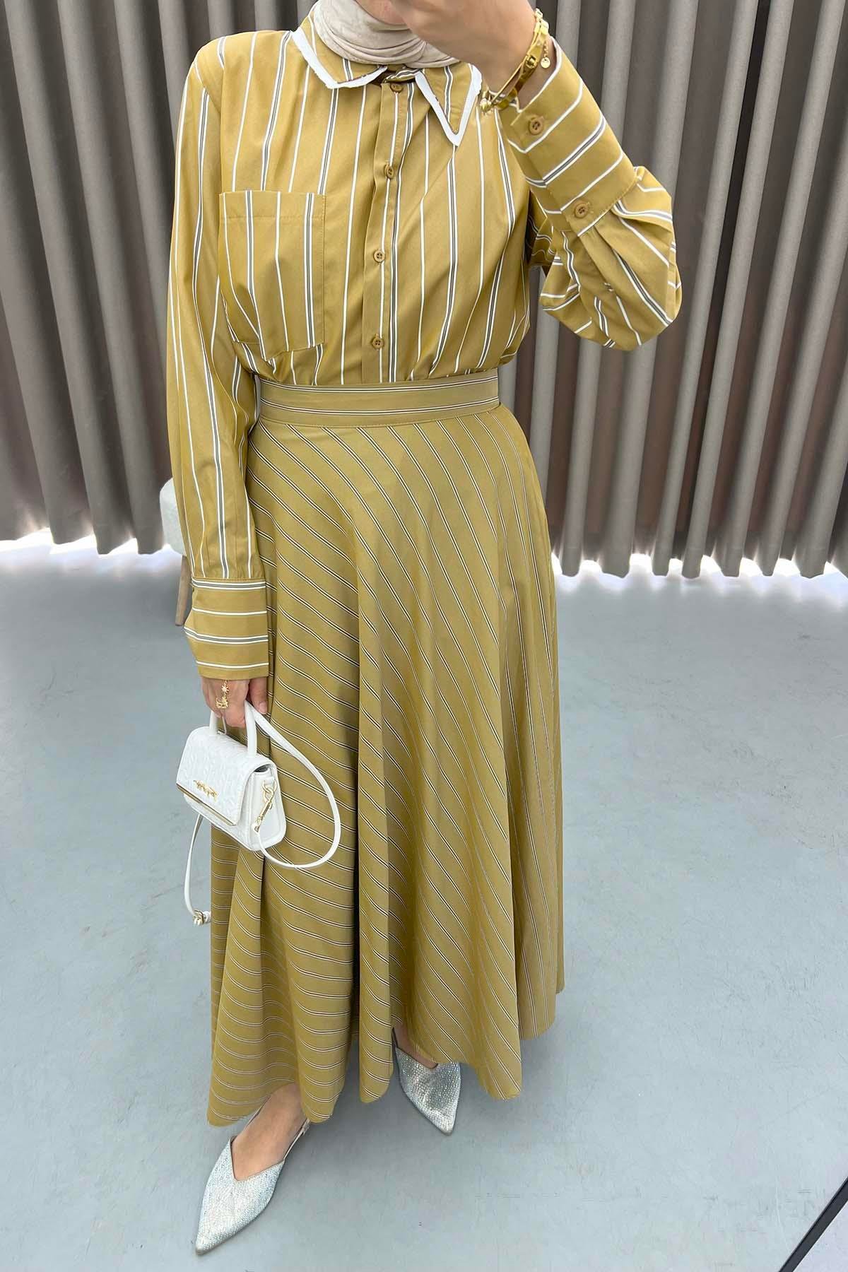 Çizgili Etek Camel