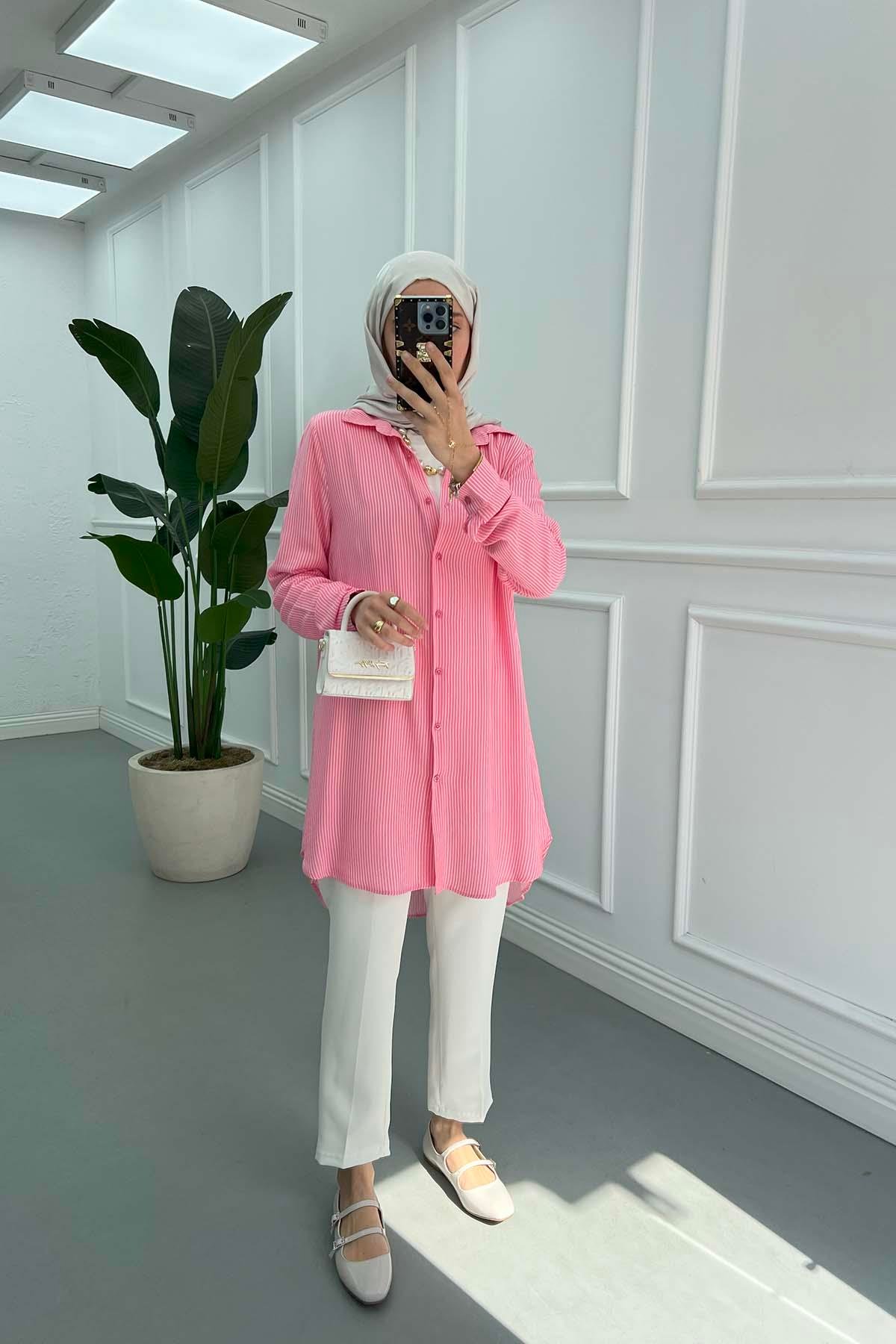 Çizgili Gömlek Tunik Pembe
