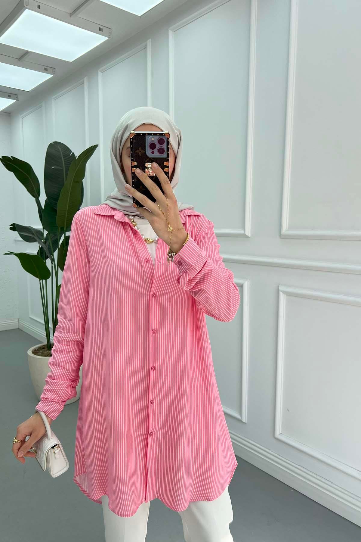 Çizgili Gömlek Tunik Pembe