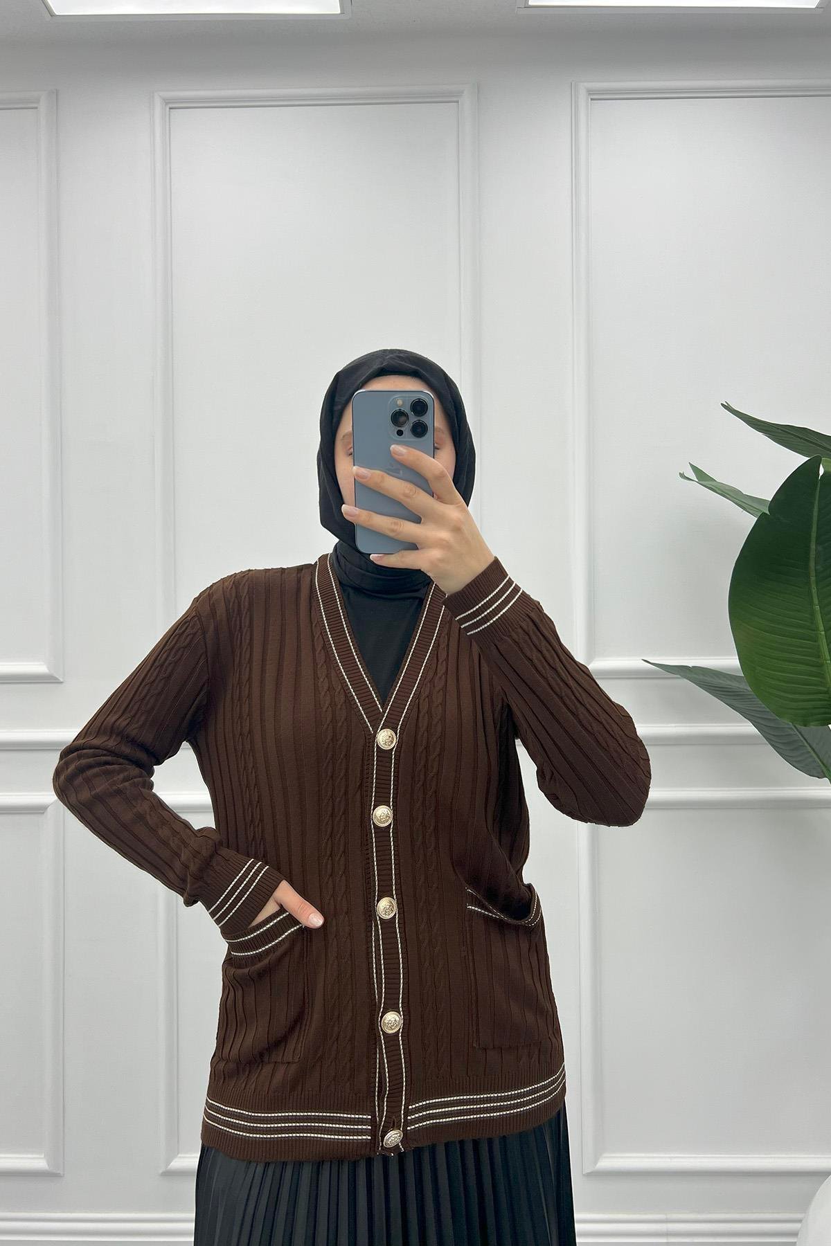 Çizgili İnce Triko Hırka Acı Kahve