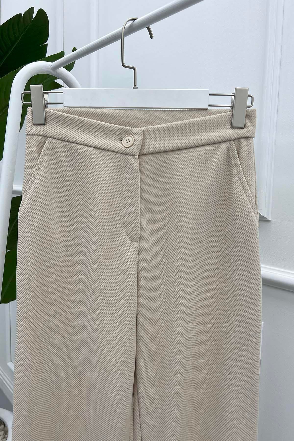 Çizgili Kadife Pantolon Bej