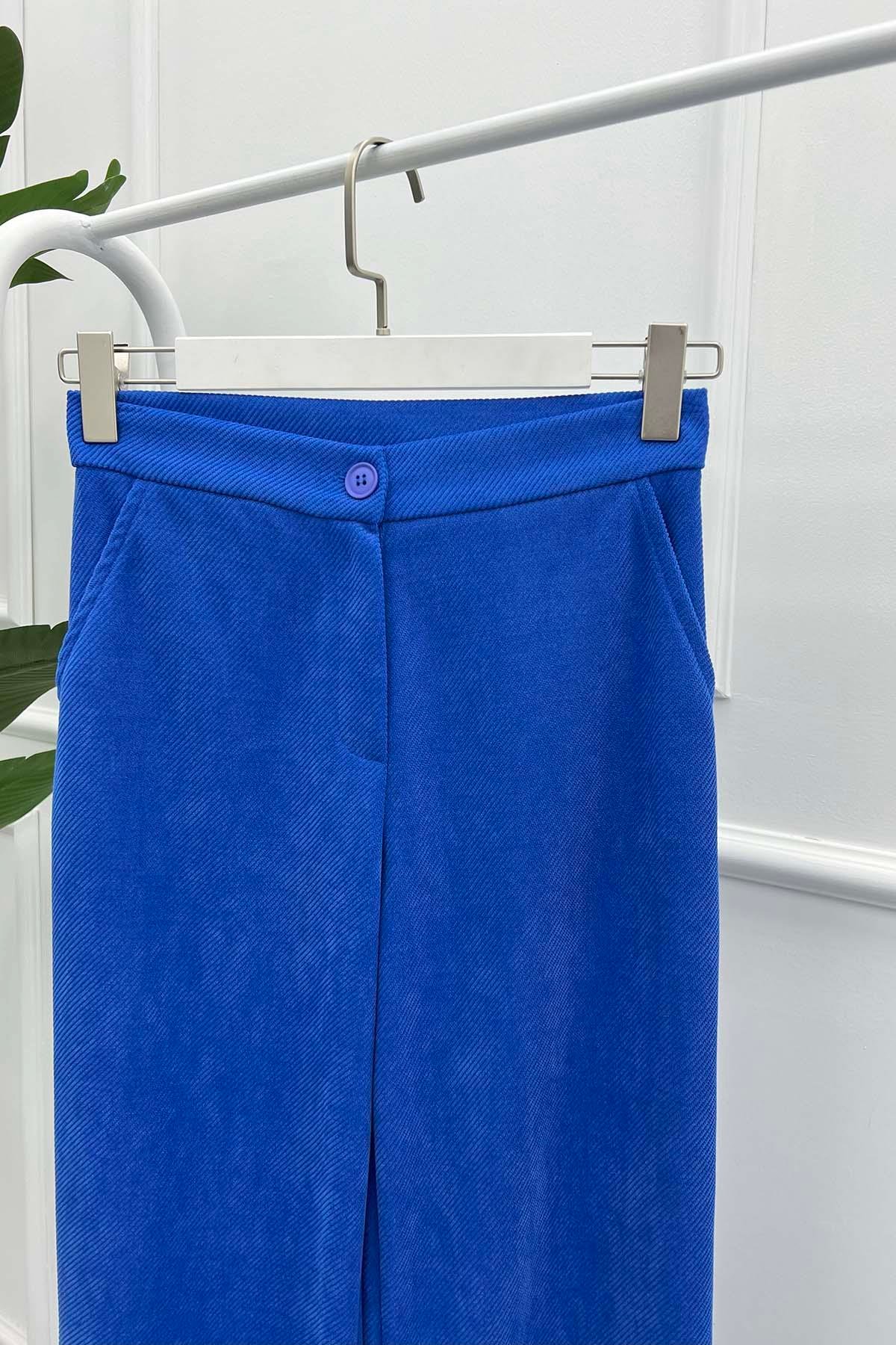 Çizgili Kadife Pantolon Saks Mavi