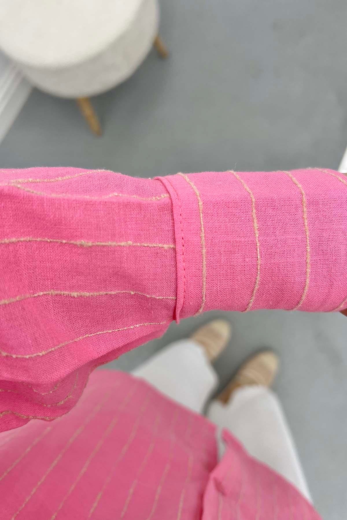 Çizgili Keten Gömlek Pembe
