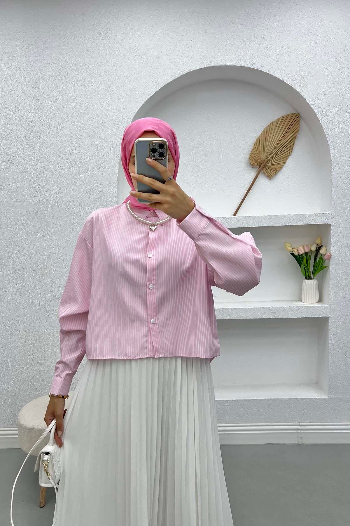 Çizgili Kısa Gömlek Pembe
