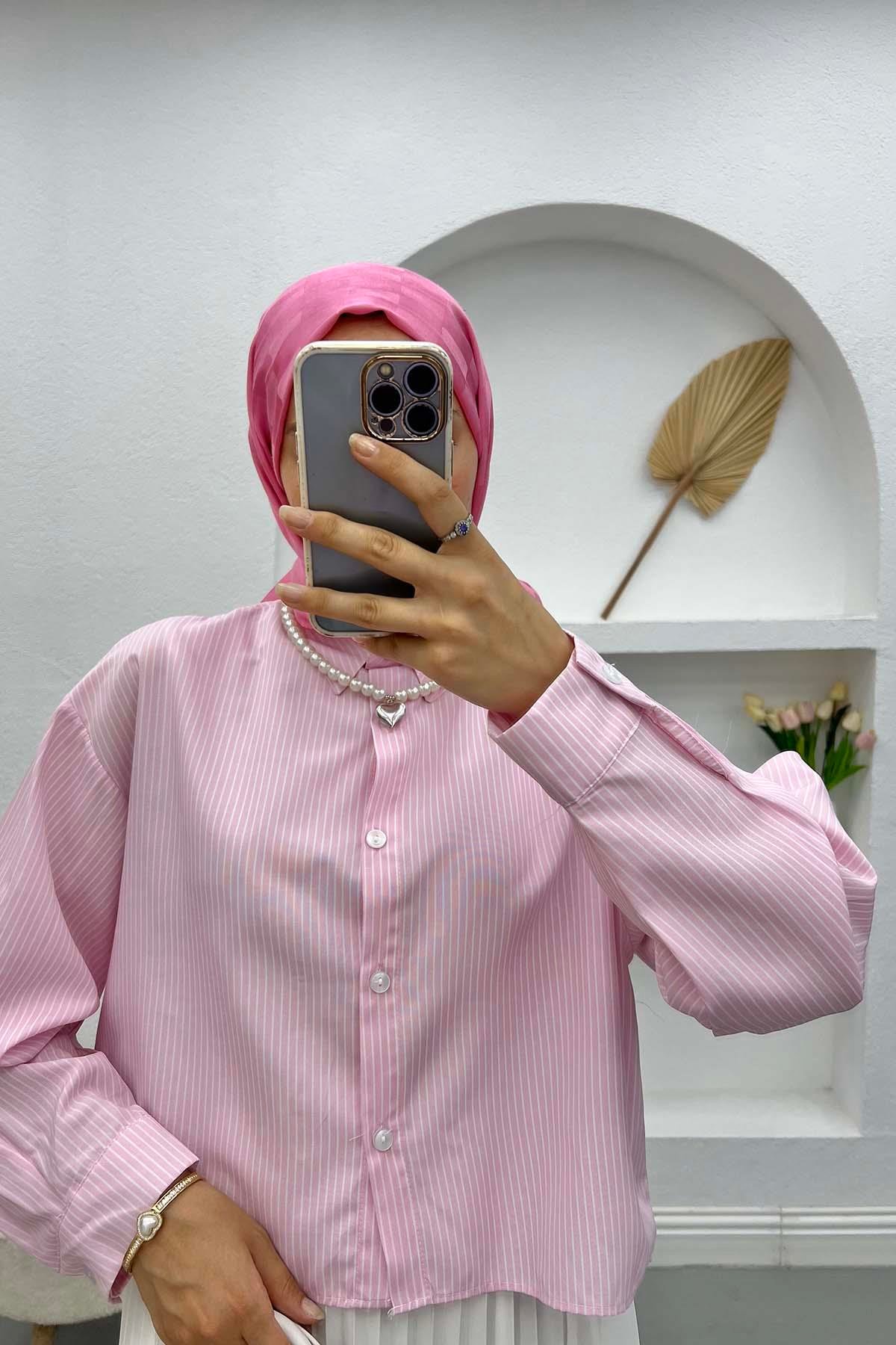 Çizgili Kısa Gömlek Pembe
