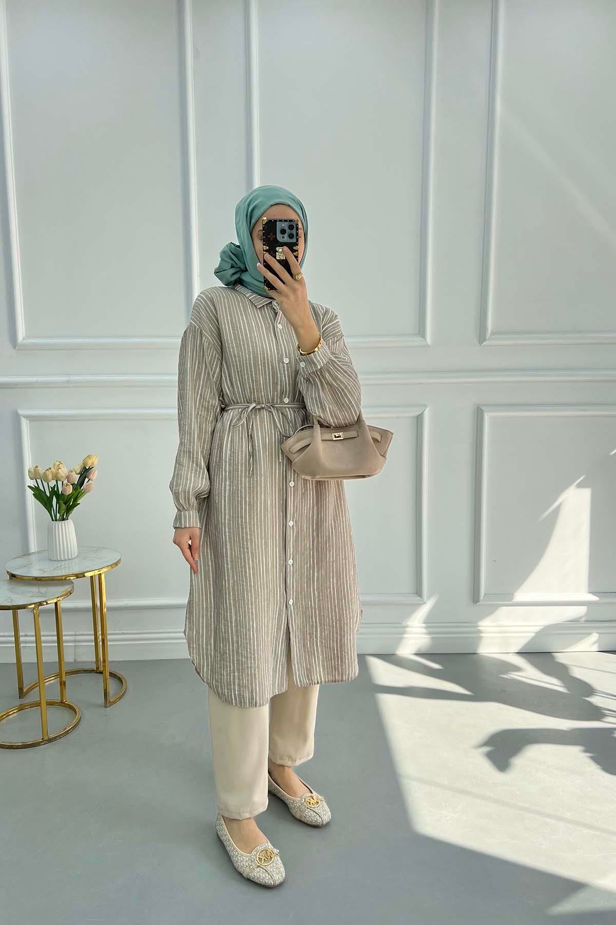 Çizgili Kuşaklı Tunik Bej