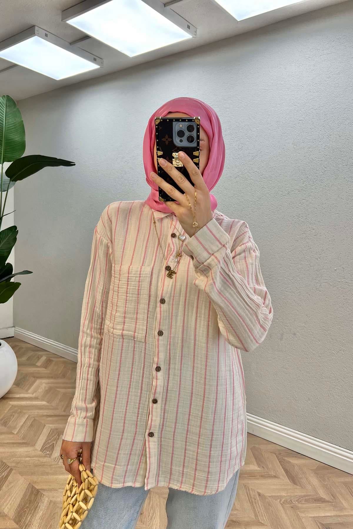 Çizgili Müslin Gömlek Pembe