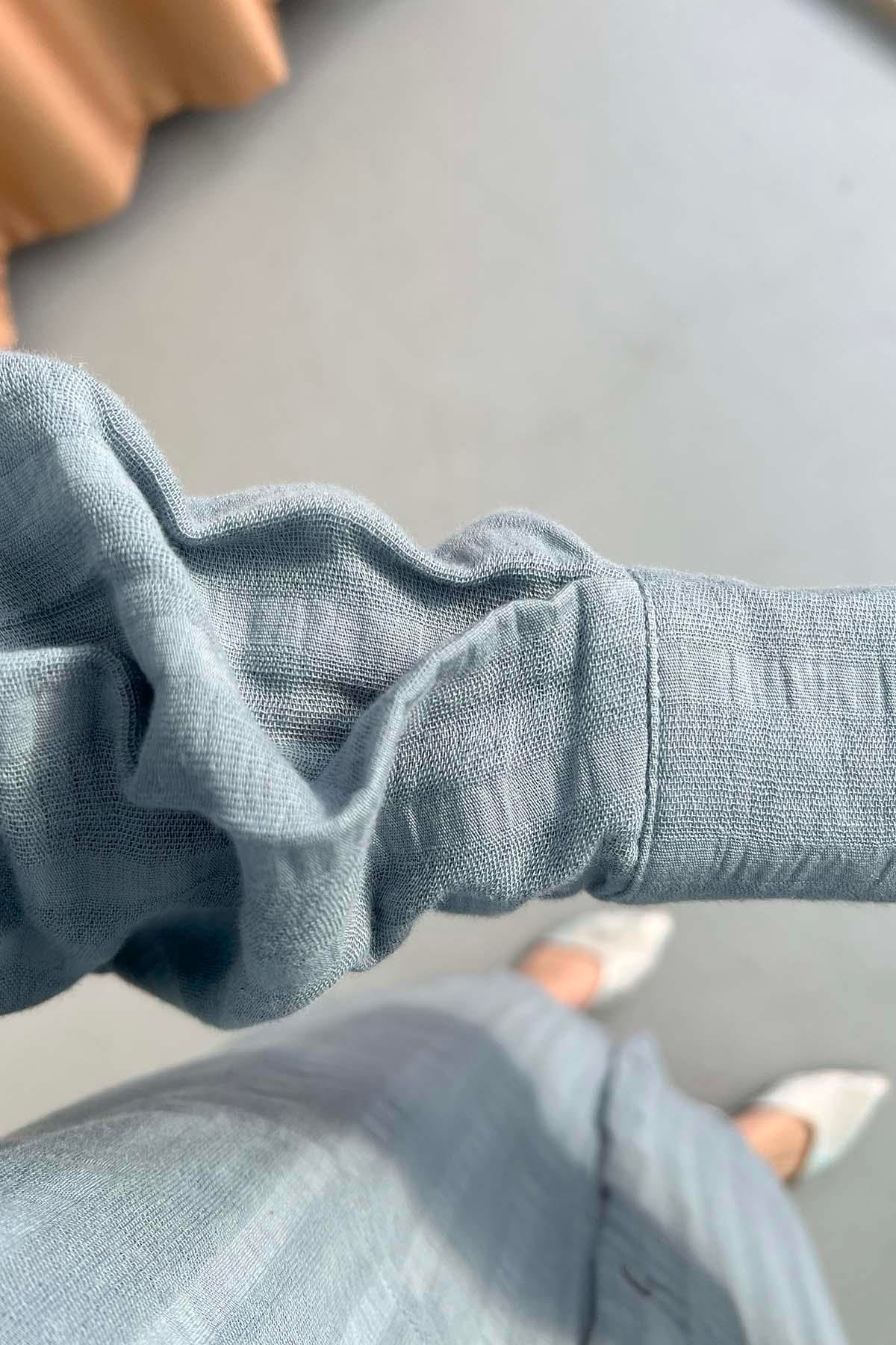 Çizgili Müslin Gömlek Sisli Mavi