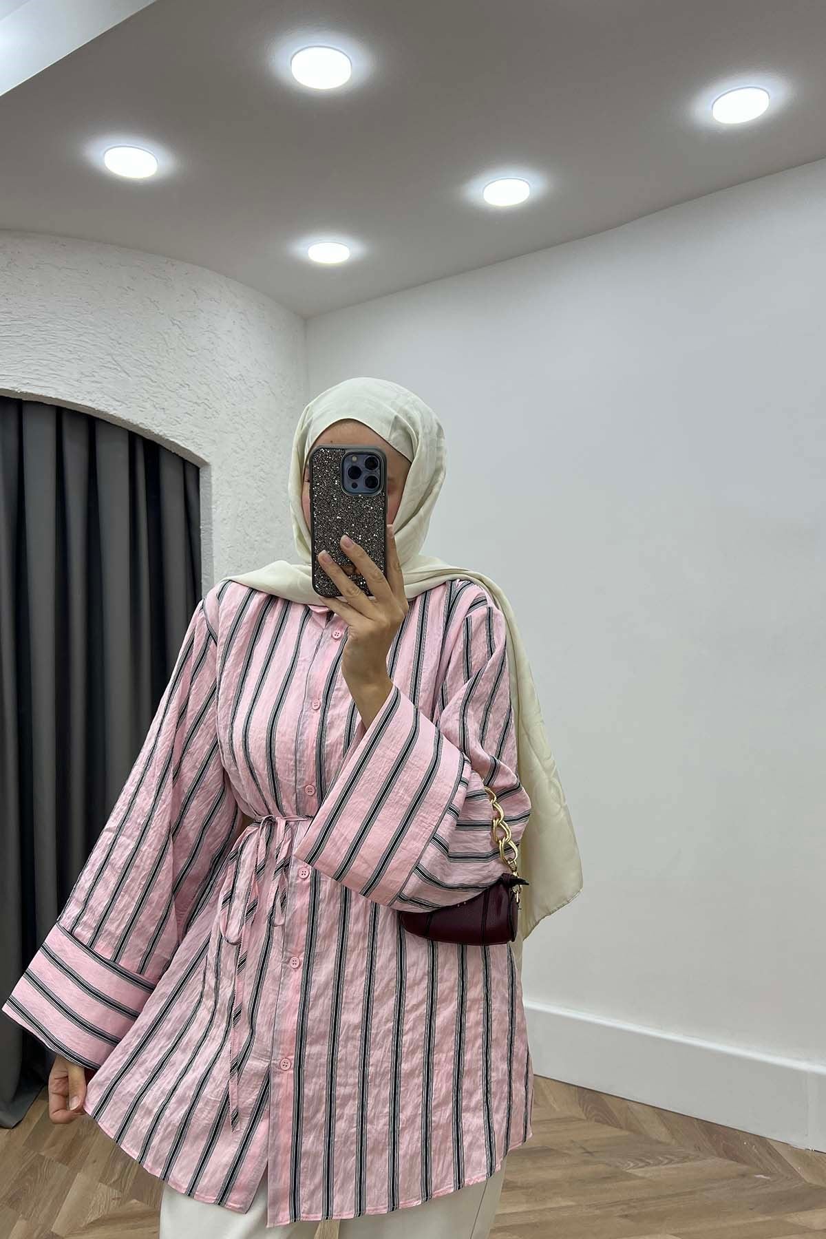 Çizgili Otantik Gömlek Pembe