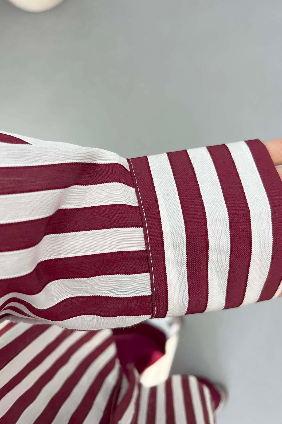 Çizgili Oversize Gömlek Bordo