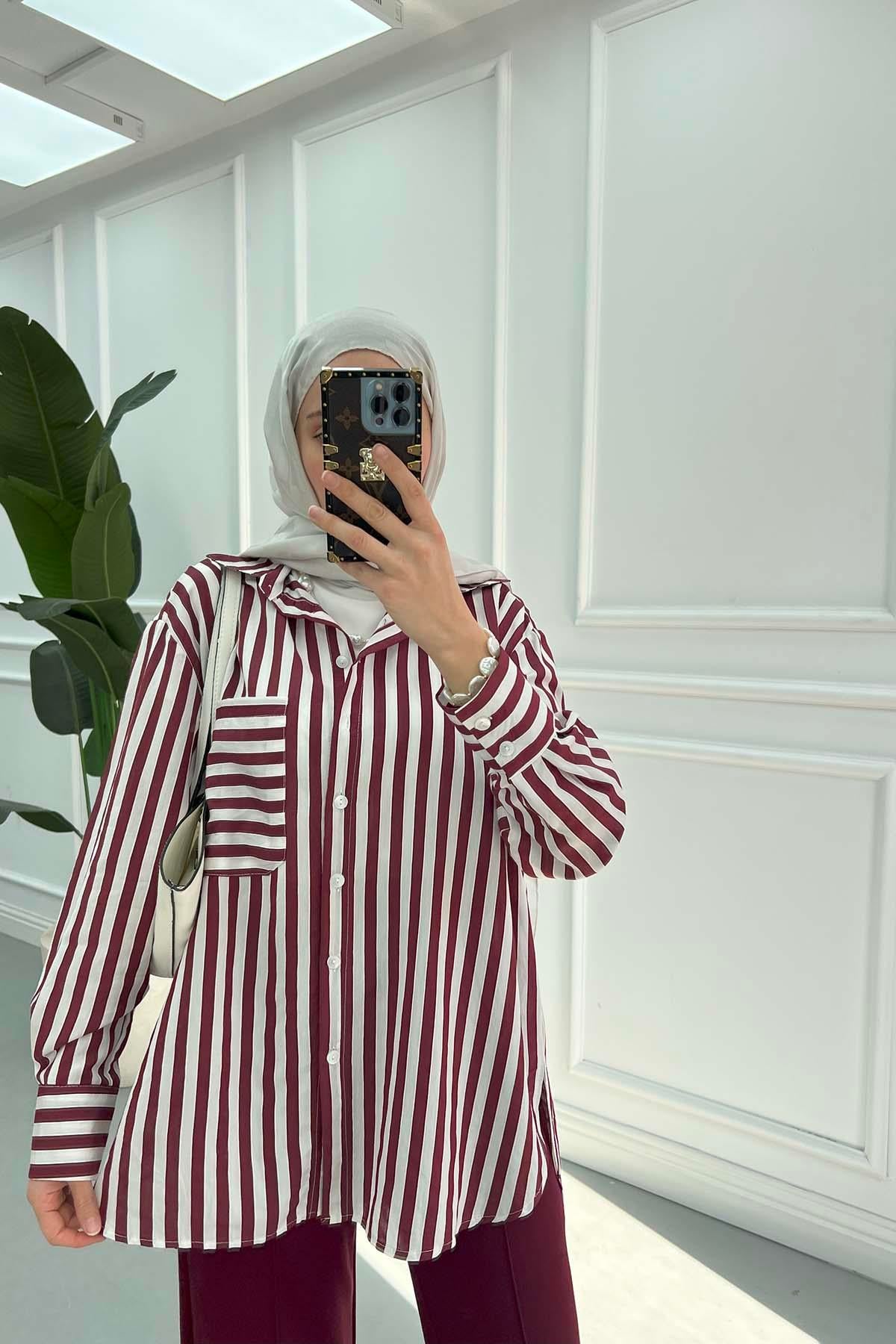 Çizgili Oversize Gömlek Bordo