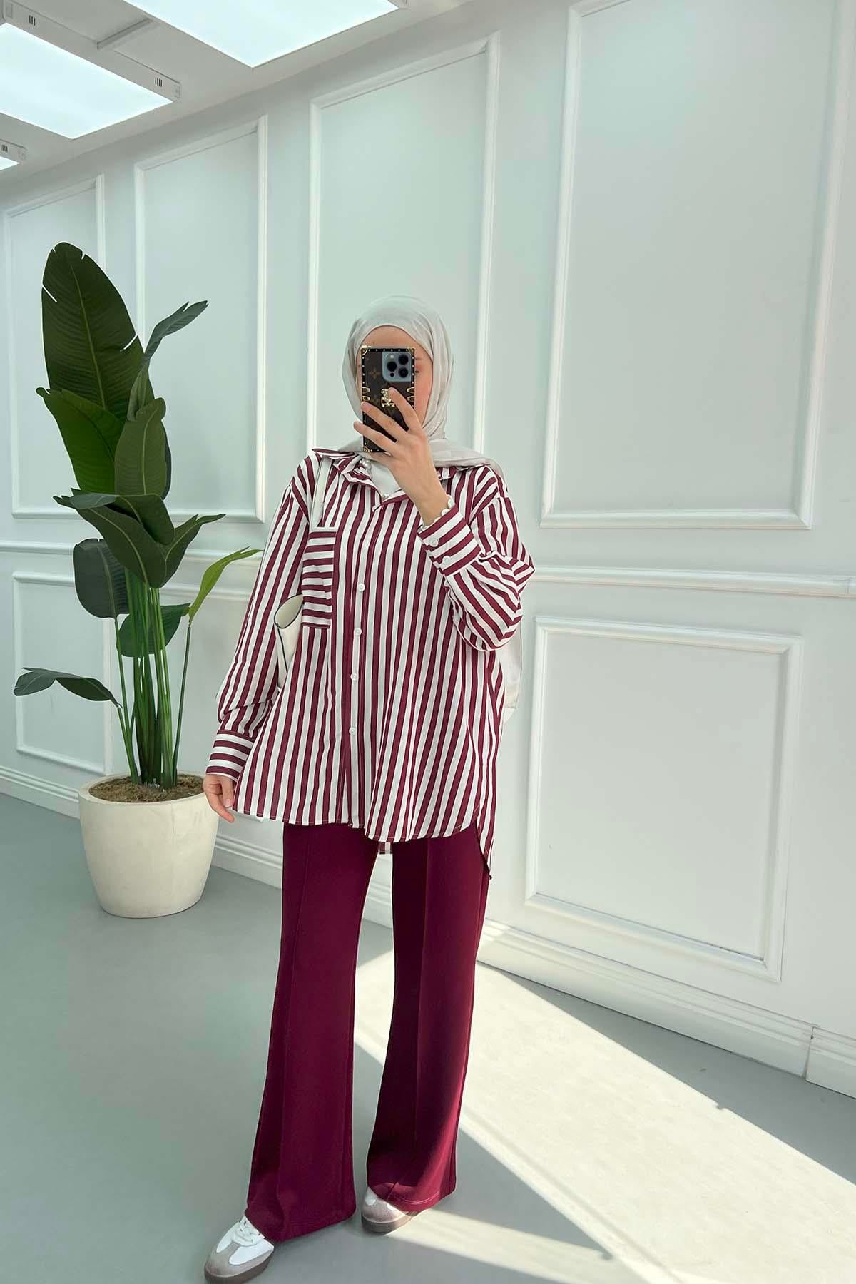 Çizgili Oversize Gömlek Bordo