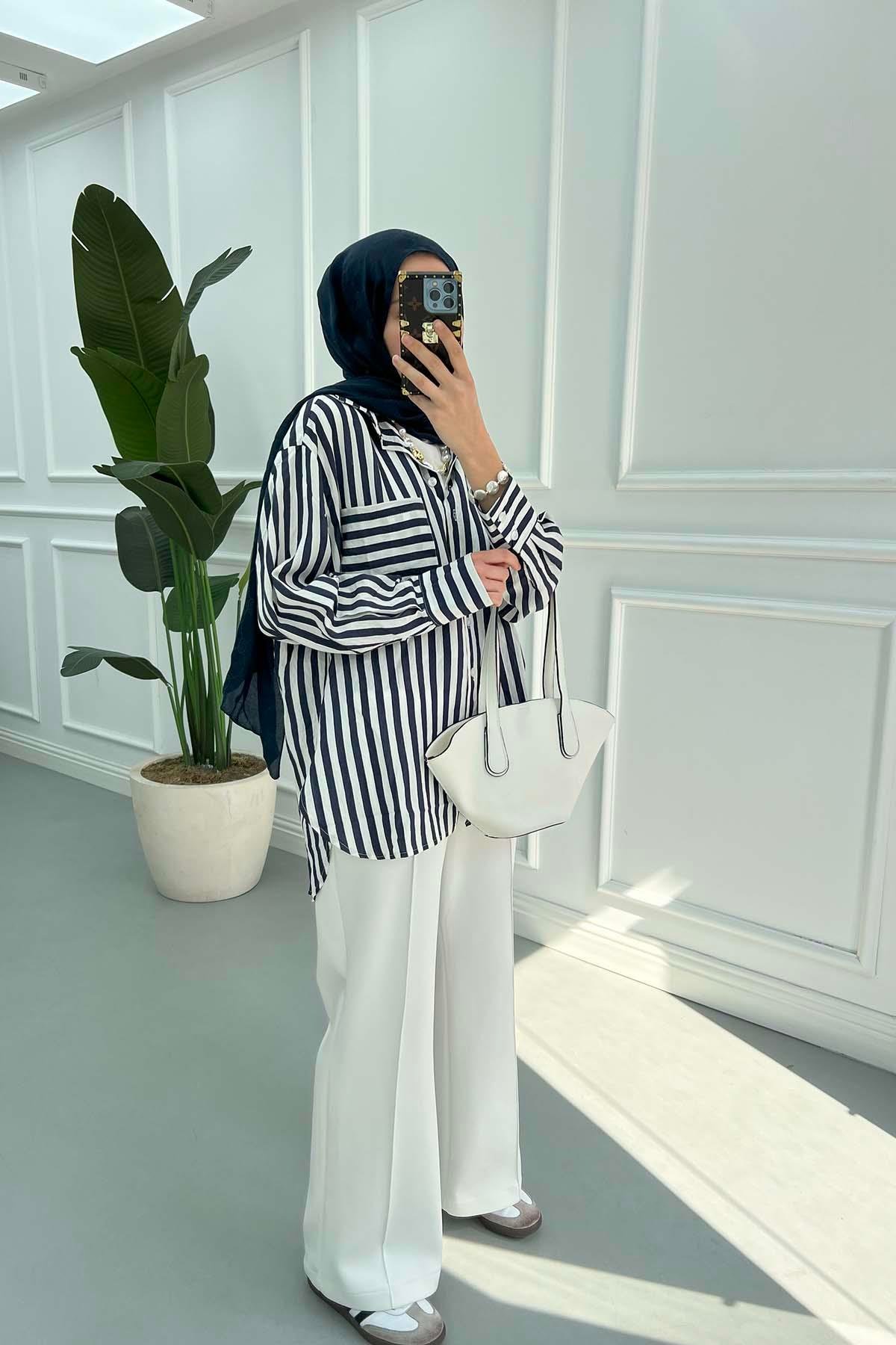 Çizgili Oversize Gömlek Lacivert