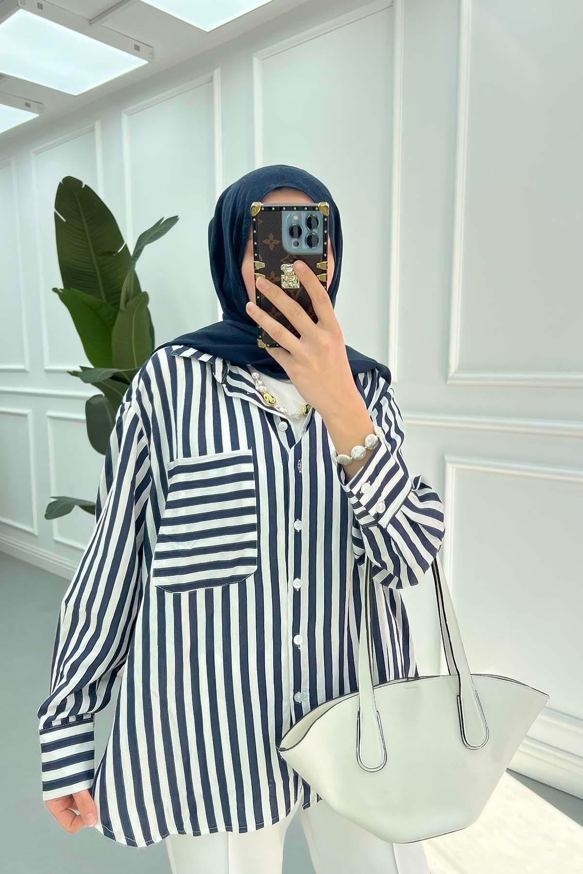 Çizgili Oversize Gömlek Lacivert
