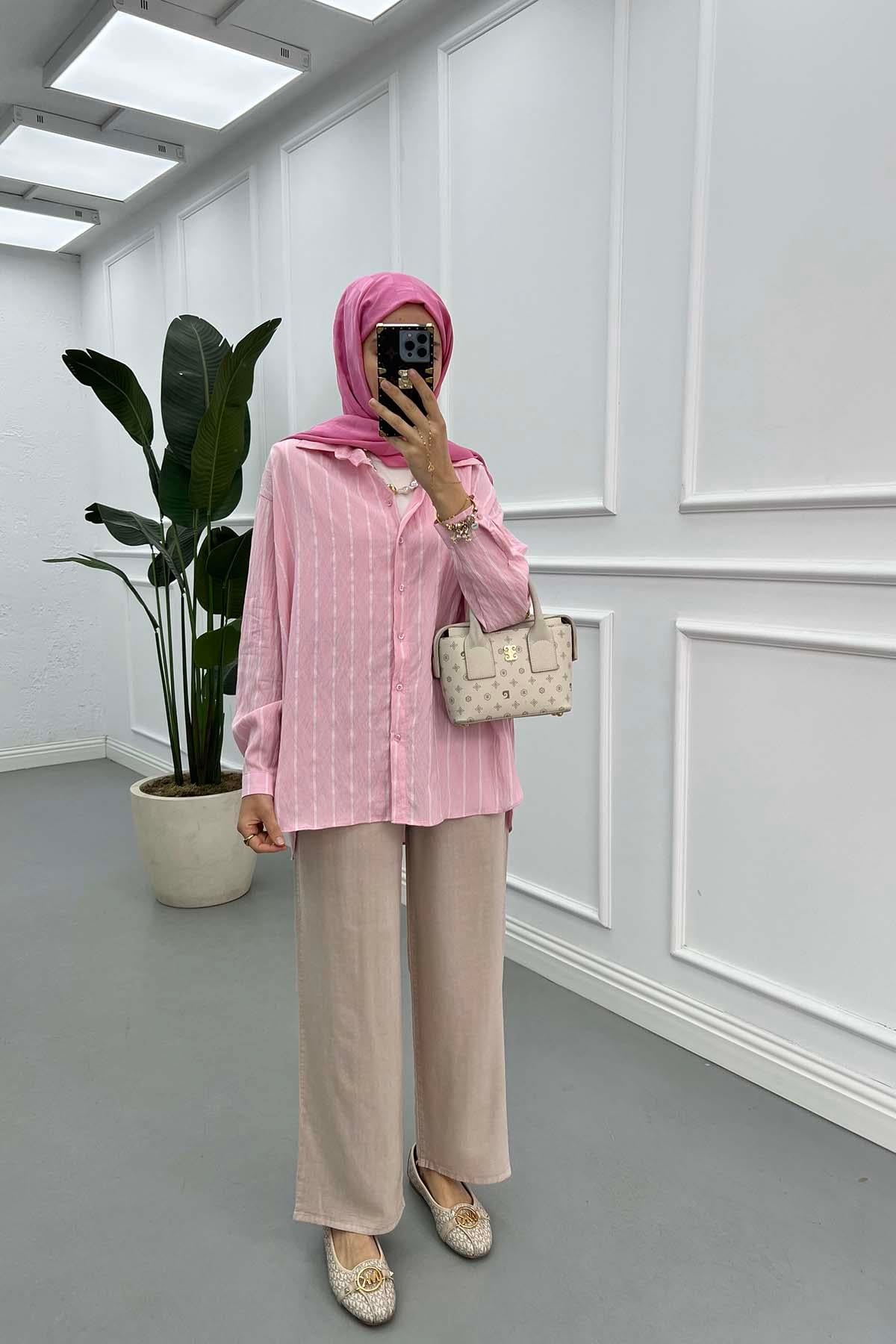 Çizgili Oversize Gömlek Pembe