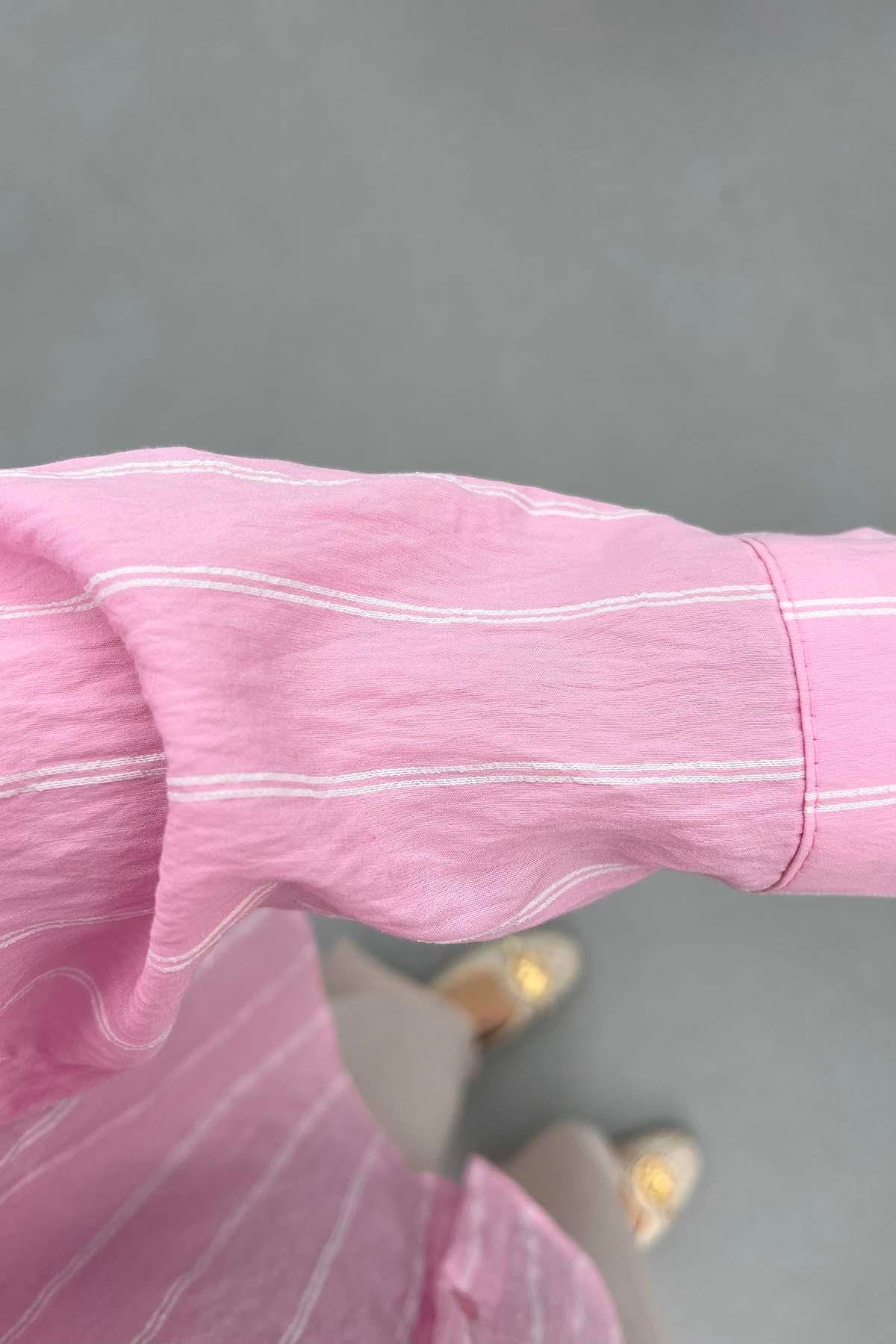 Çizgili Oversize Gömlek Pembe