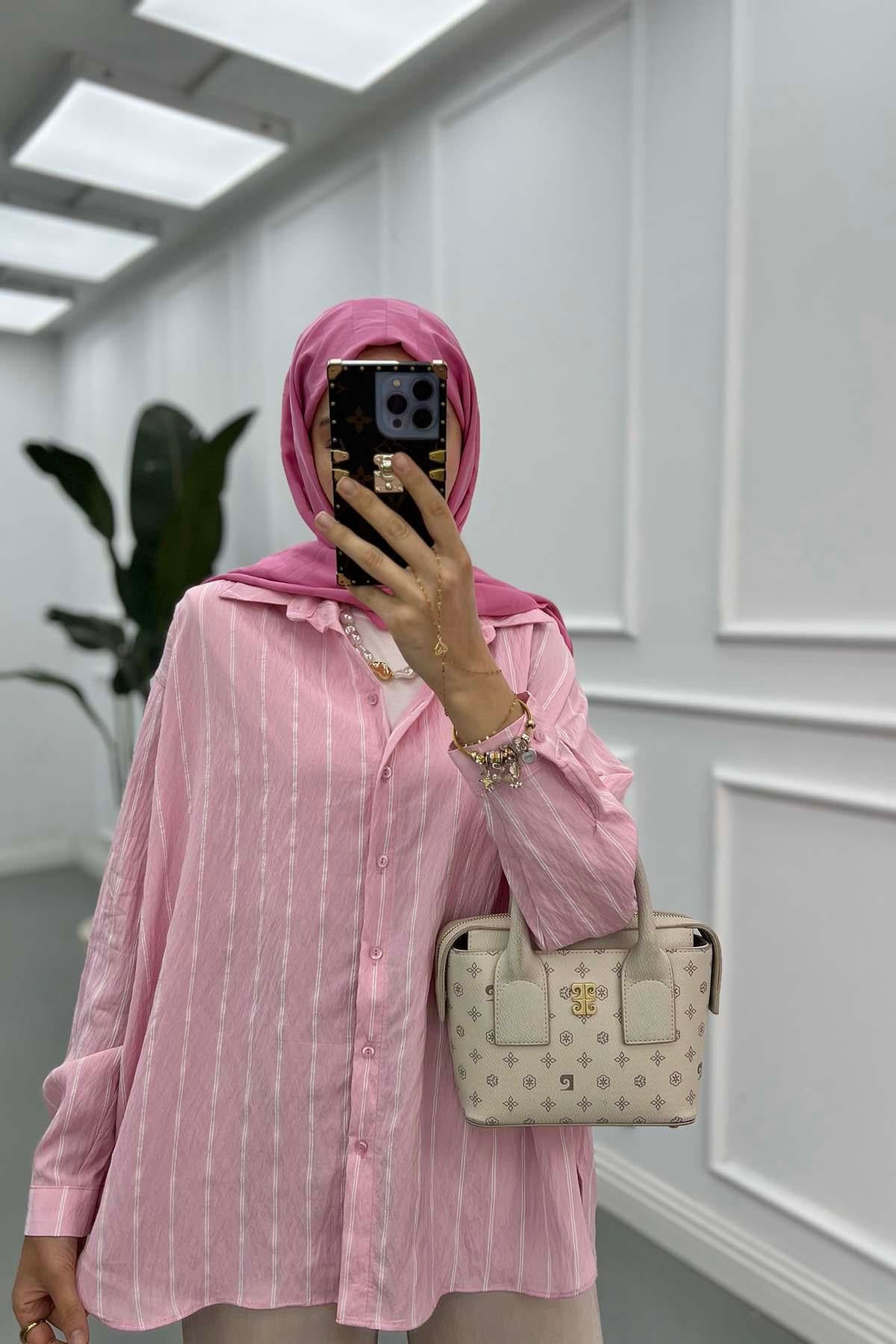 Çizgili Oversize Gömlek Pembe