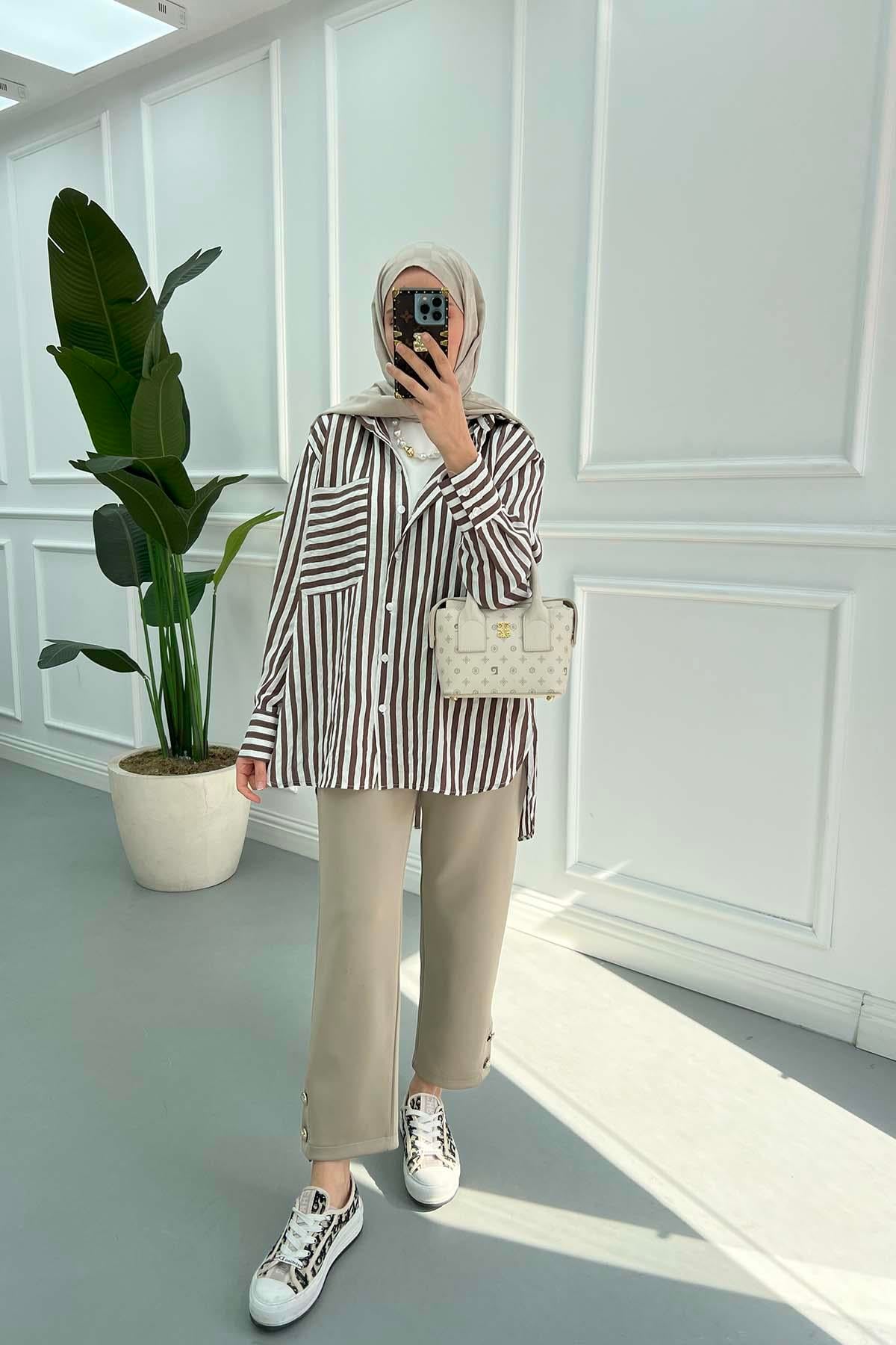 Çizgili Oversize Gömlek Vizon