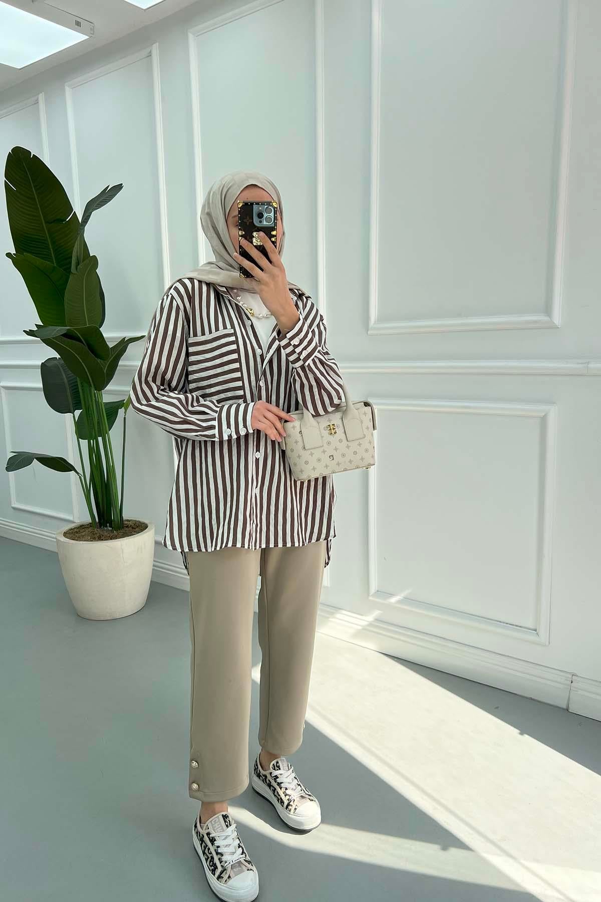 Çizgili Oversize Gömlek Vizon